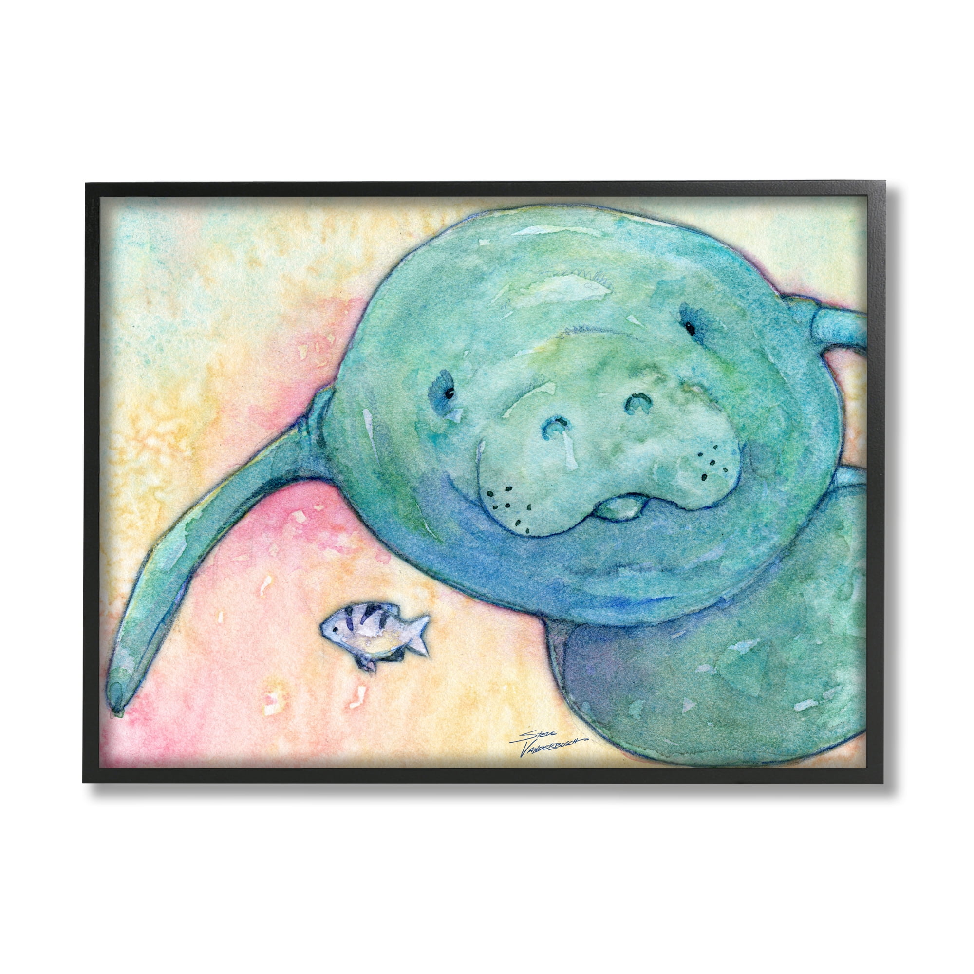 Stupell Industries Smiling Manatee Aquatic Wildlife Fish Rainbow Pattern Painting Black Framed Art Print Wall Art, Design by Steve Vanderbosh