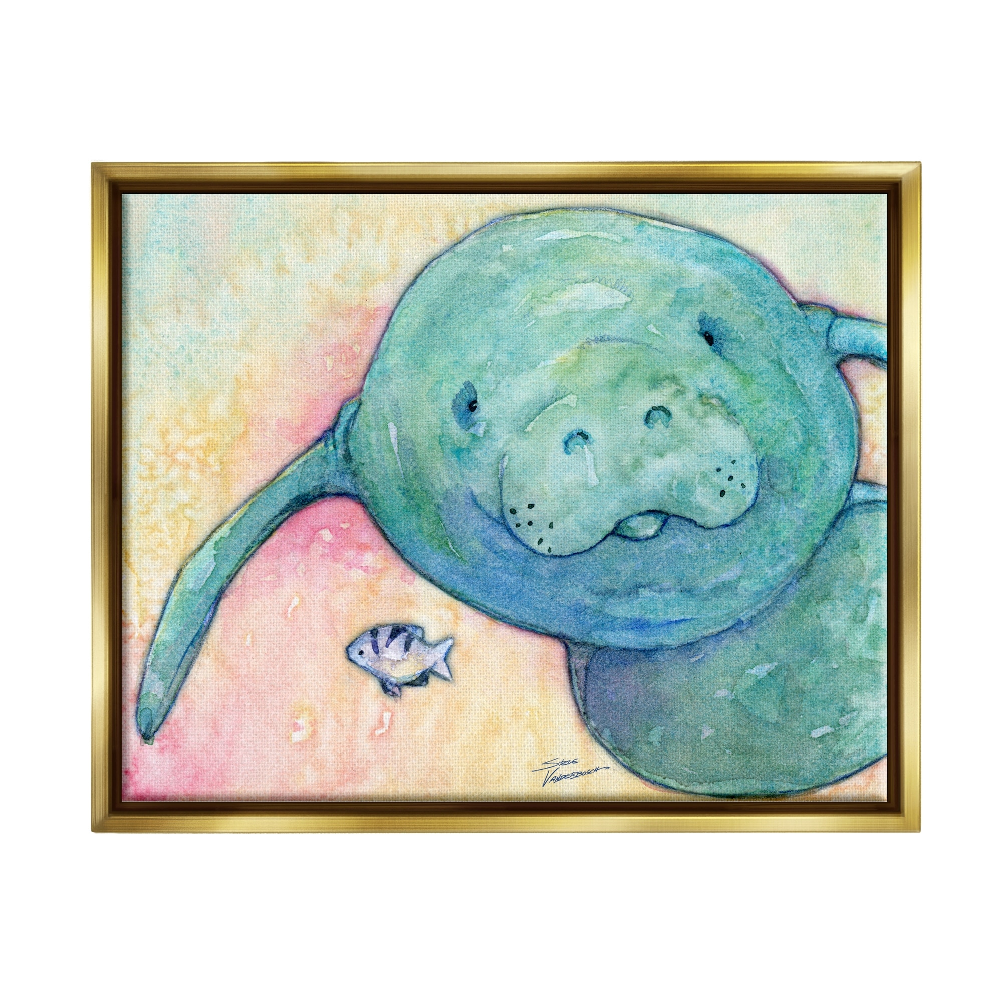 Stupell Industries Smiling Manatee Aquatic Wildlife Fish Rainbow Pattern Painting Metallic Gold Floating Framed Canvas Print Wall Art, Design by Steve Vanderbosh