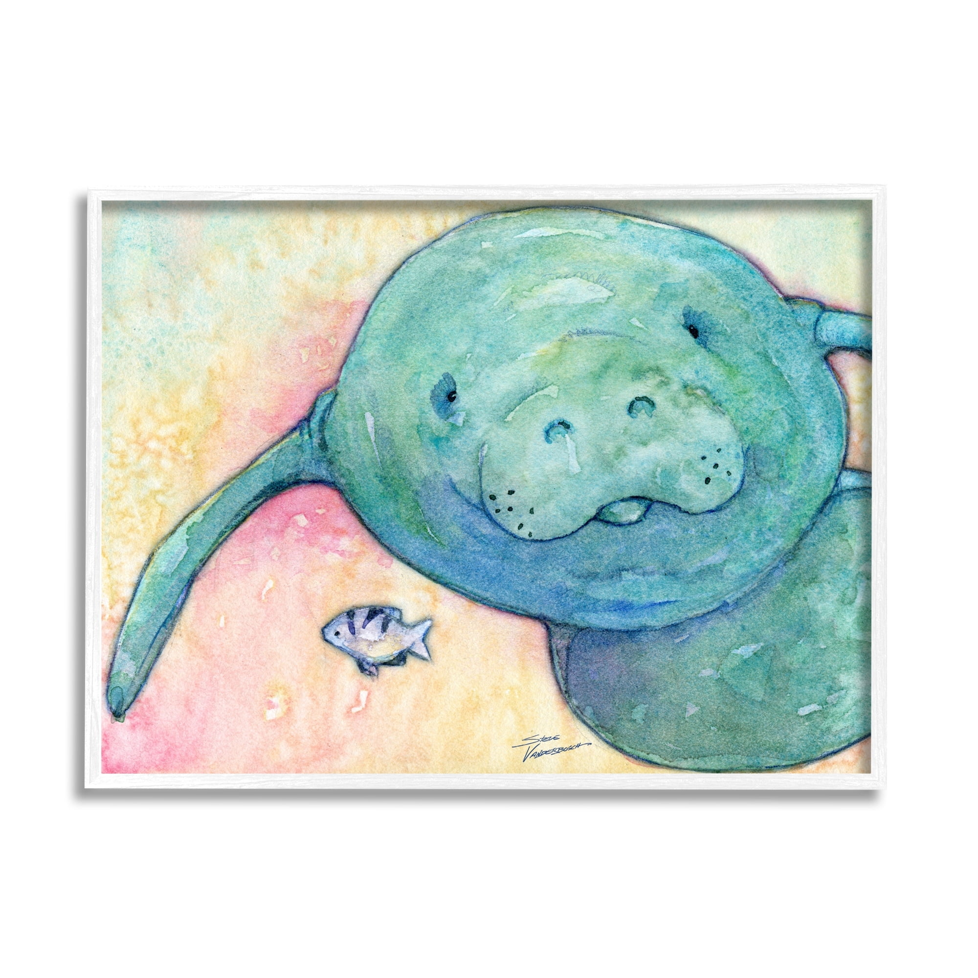Stupell Industries Smiling Manatee Aquatic Wildlife Fish Rainbow Pattern Painting White Framed Art Print Wall Art, Design by Steve Vanderbosh