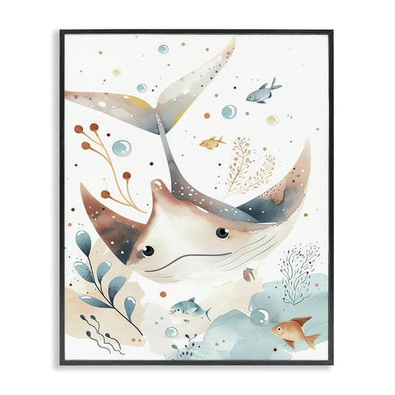 Stupell Industries Smiling Manta Ray Animals Painting Black Framed Art Print Wall Art, 11 x 14