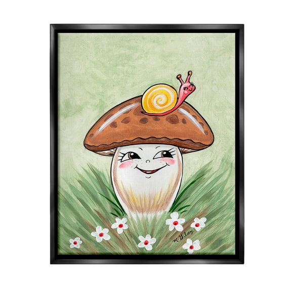 Stupell Industries Smiling Mushroom & Snail Botanical & Floral Painting Black Floater Framed Canvas Art Print Wall Art, 25 x 31