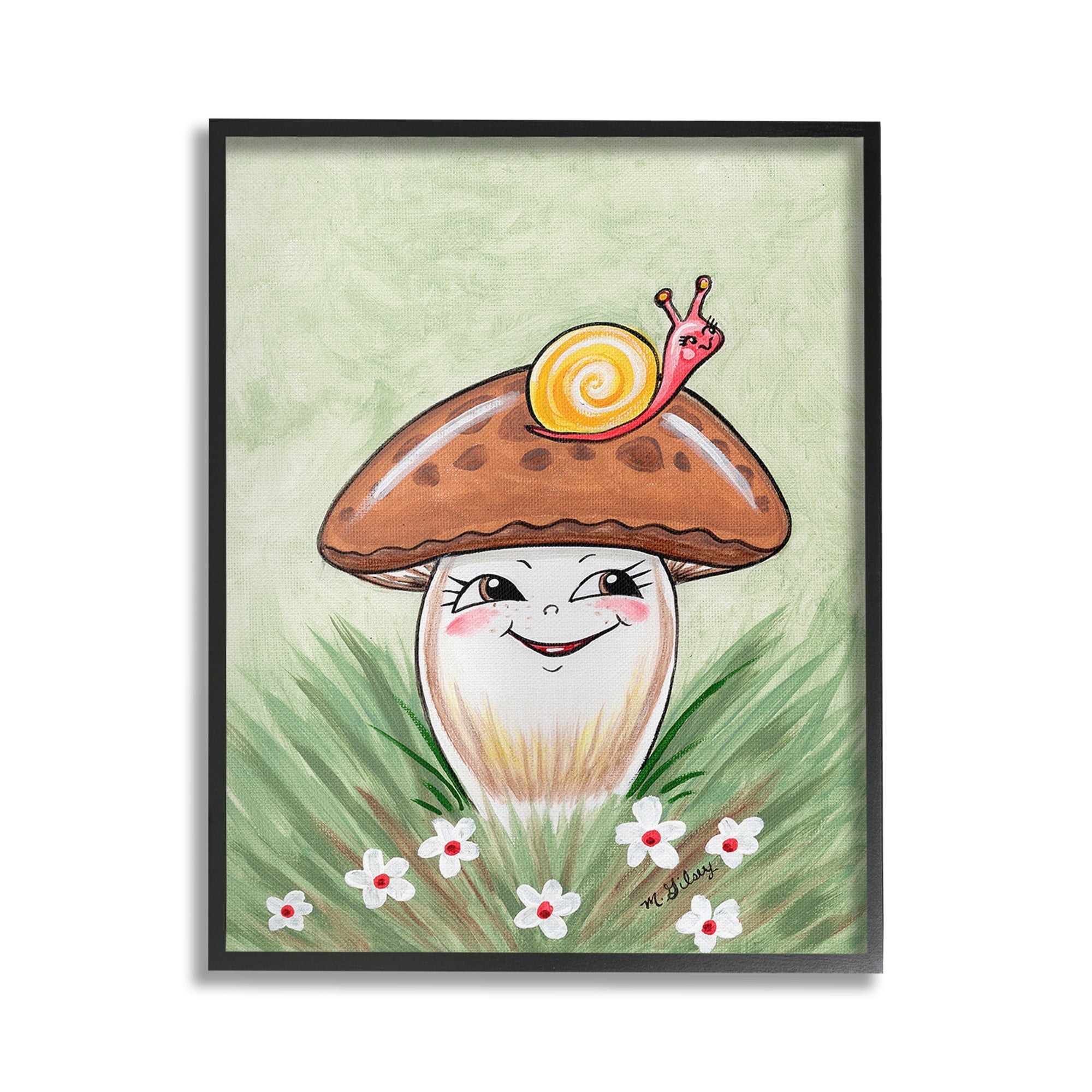 Stupell Industries Smiling Mushroom & Snail Botanical & Floral Painting Black Framed Art Print Wall Art, 24 x 30