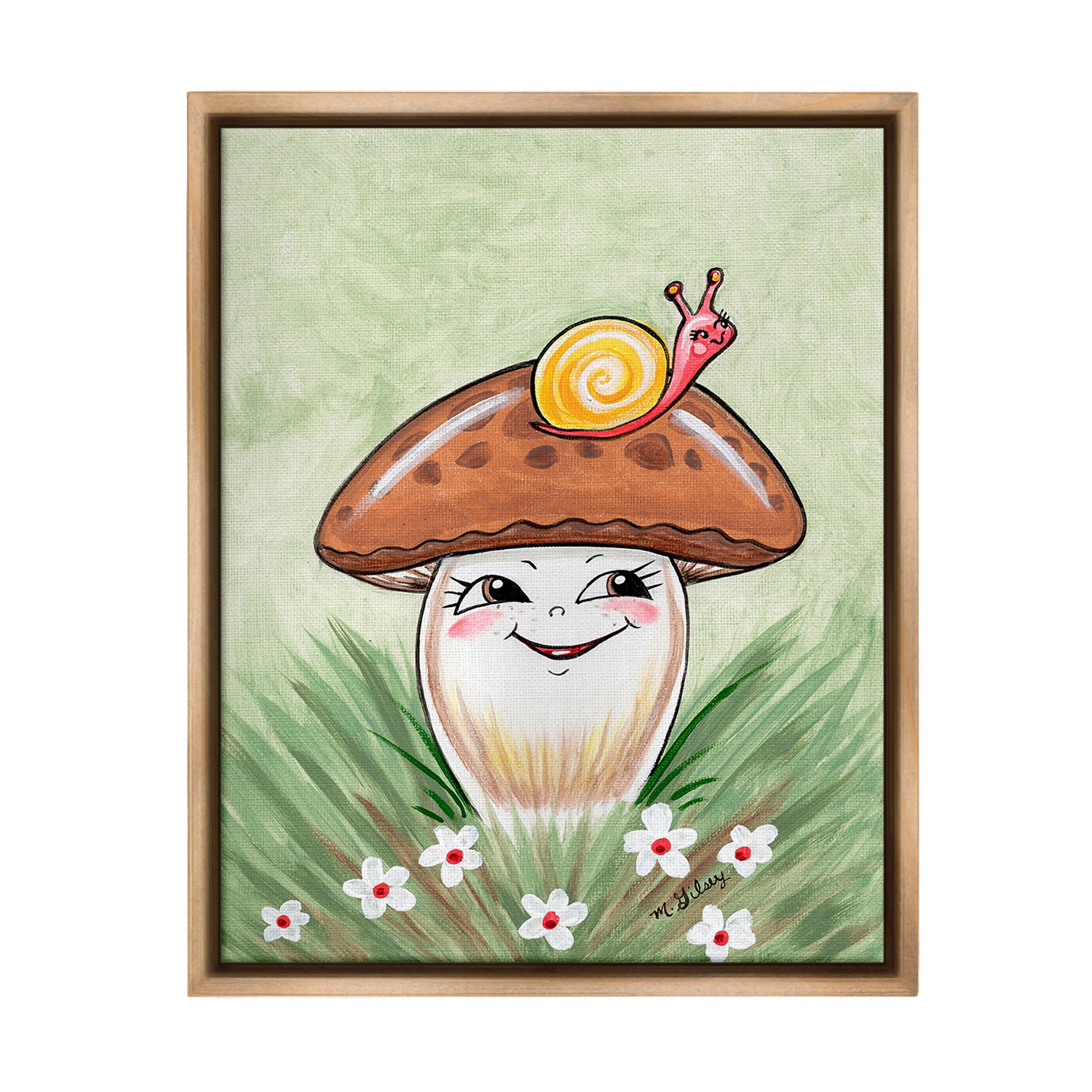 Stupell Industries Smiling Mushroom & Snail Botanical & Floral Painting Brown Floater Framed Canvas Art Print Wall Art, 17 x 21