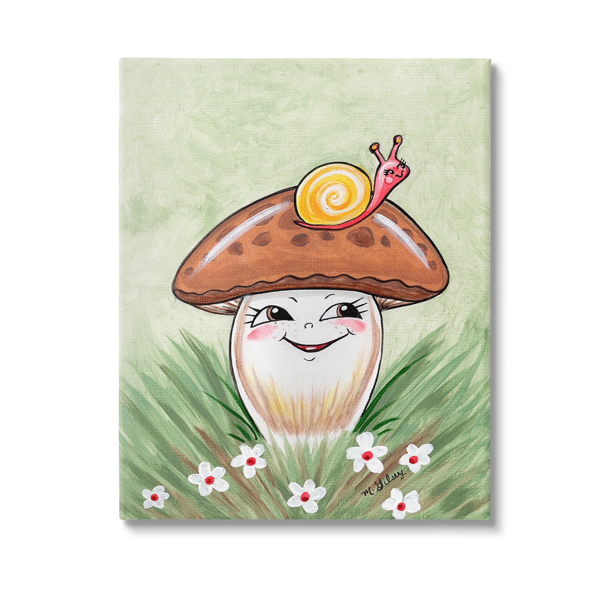 Stupell Industries Smiling Mushroom & Snail Botanical & Floral Painting Gallery Wrapped Canvas Art Print Wall Art, 24 x 30