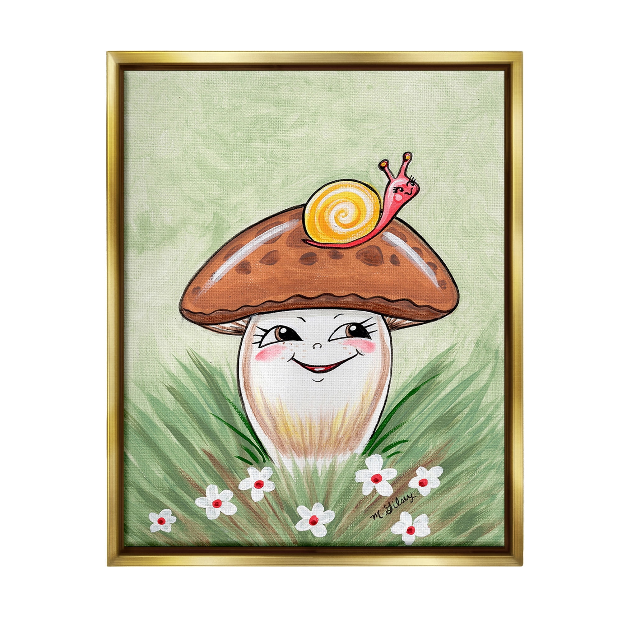 Stupell Industries Smiling Mushroom & Snail Botanical & Floral Painting Gold Floater Framed Canvas Art Print Wall Art, 25 x 31