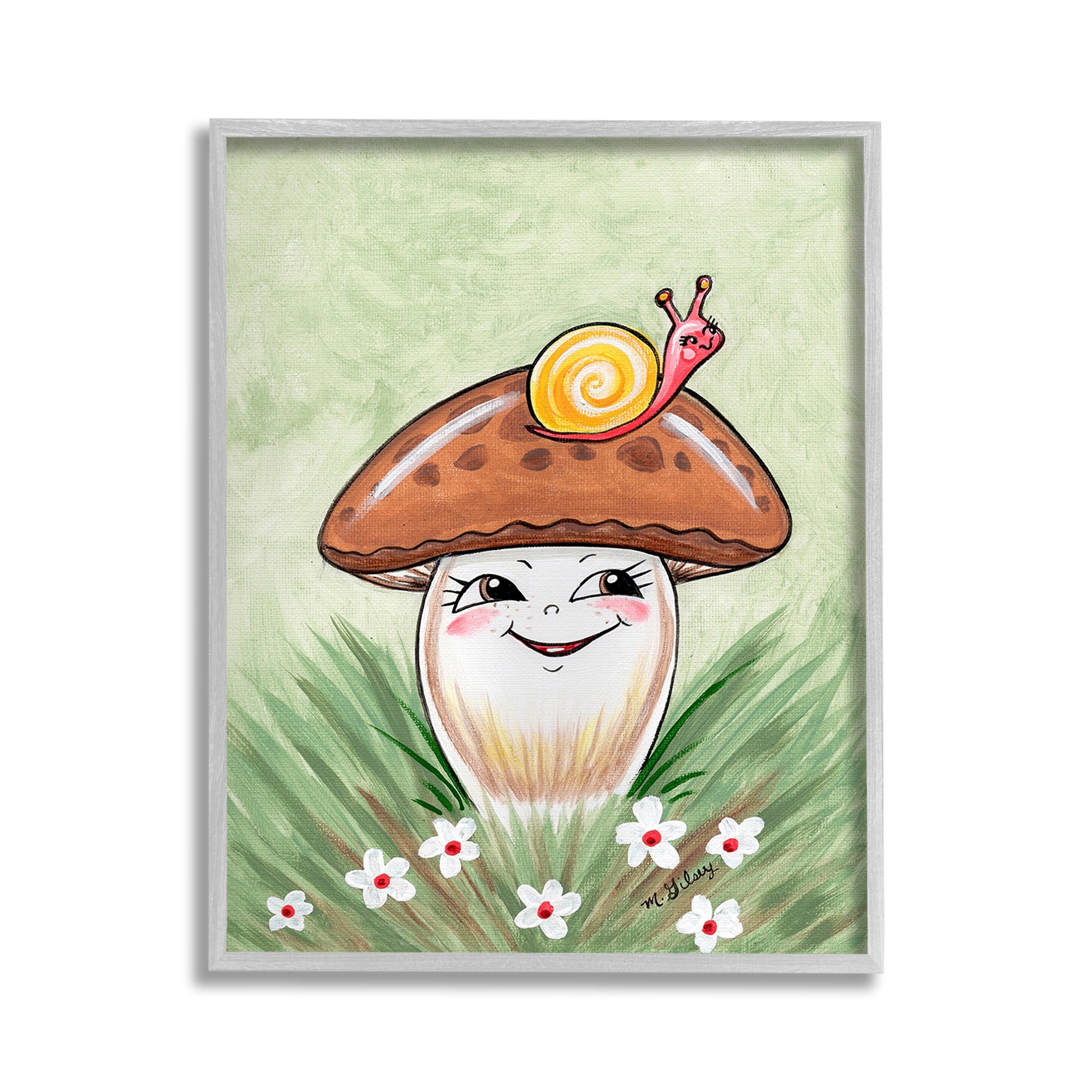 Stupell Industries Smiling Mushroom & Snail Botanical & Floral Painting Gray Framed Art Print Wall Art, 11 x 14