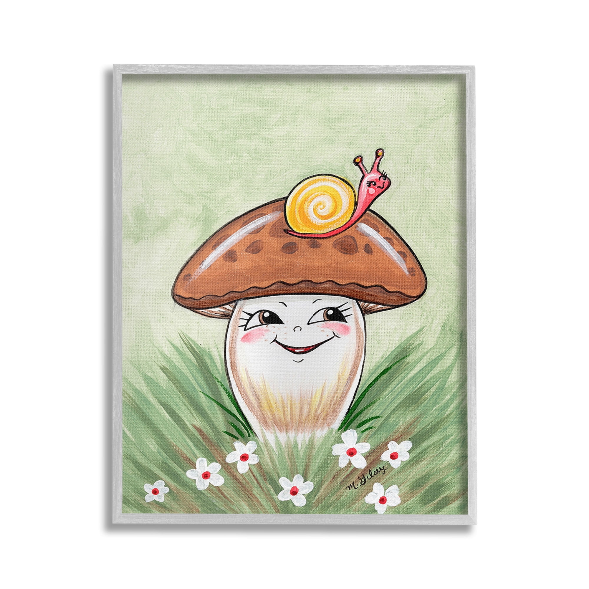 Stupell Industries Smiling Mushroom & Snail Botanical & Floral Painting Gray Framed Art Print Wall Art, 24 x 30