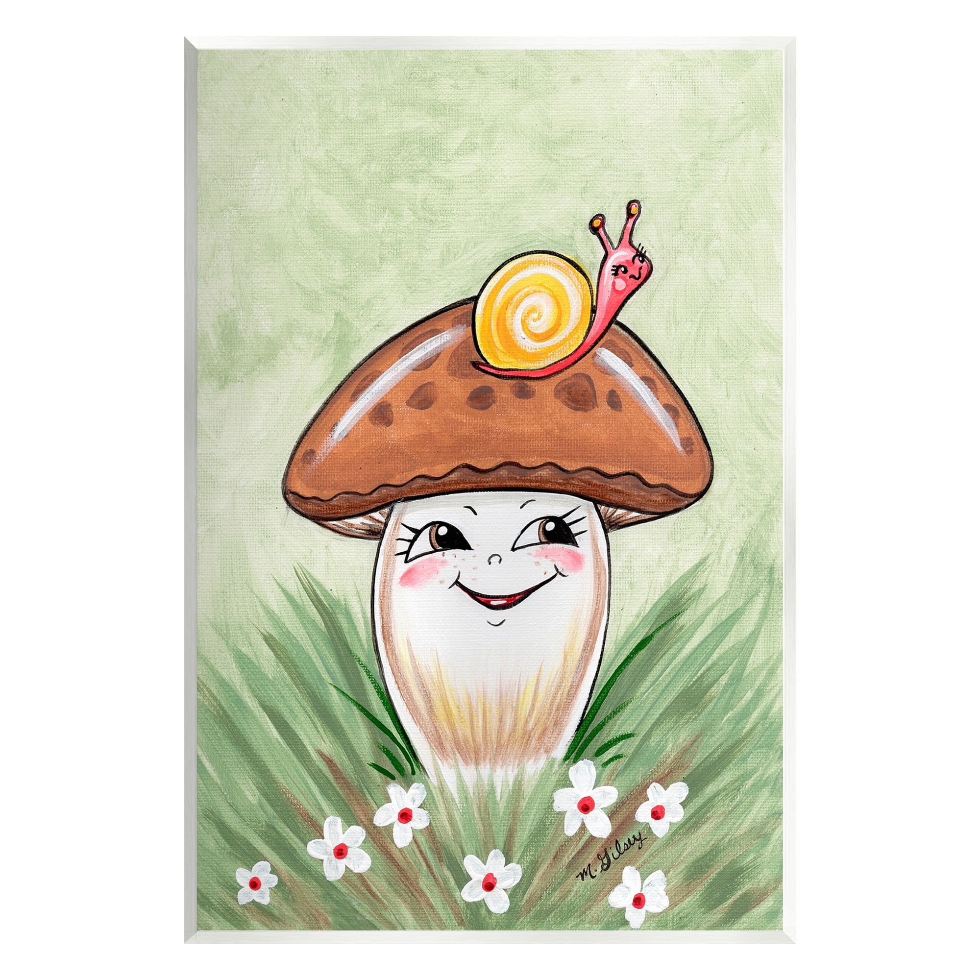 Stupell Industries Smiling Mushroom & Snail Botanical & Floral Painting Unframed Art Print Wall Art, 13 x 19