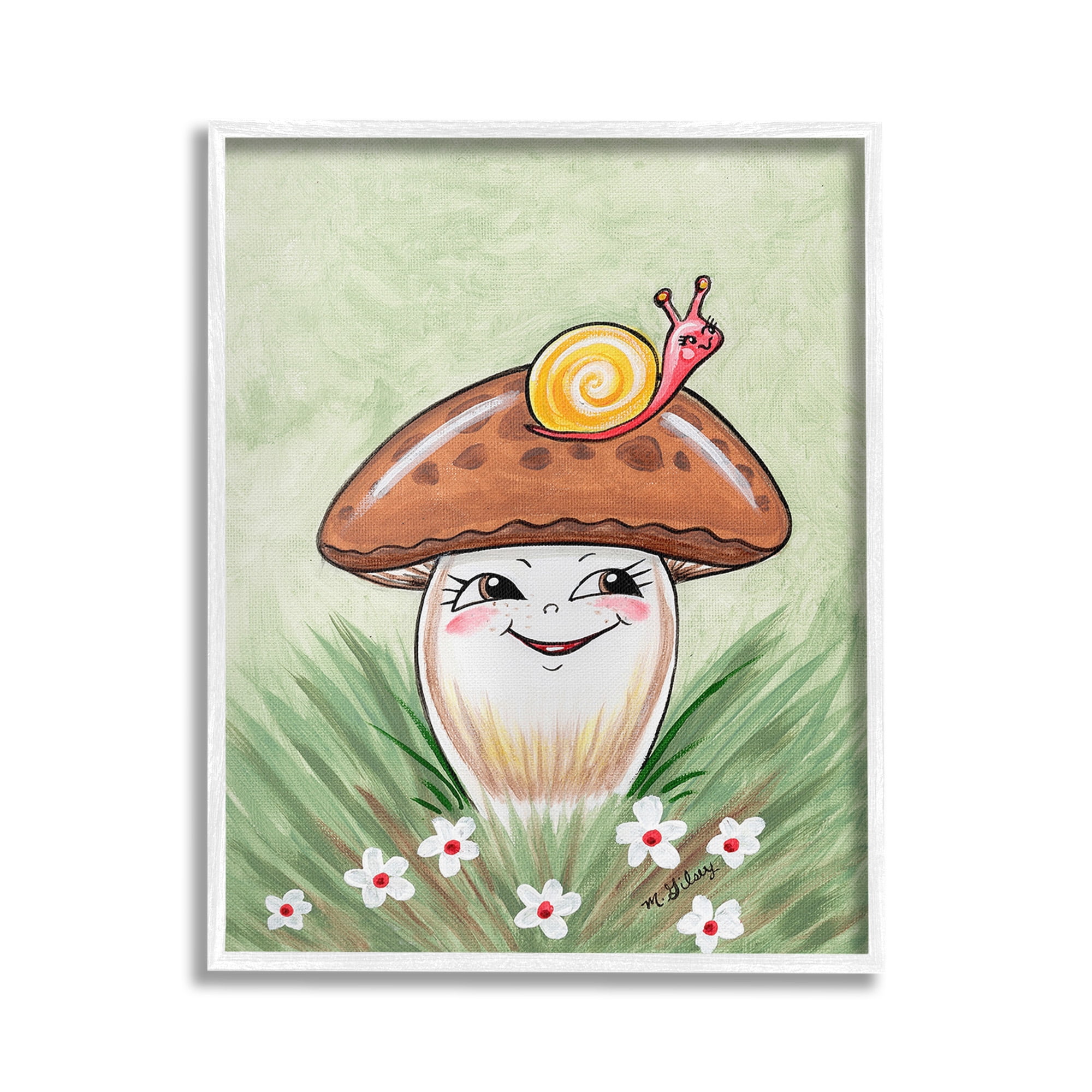 Stupell Industries Smiling Mushroom & Snail Botanical & Floral Painting White Framed Art Print Wall Art, 16 x 20