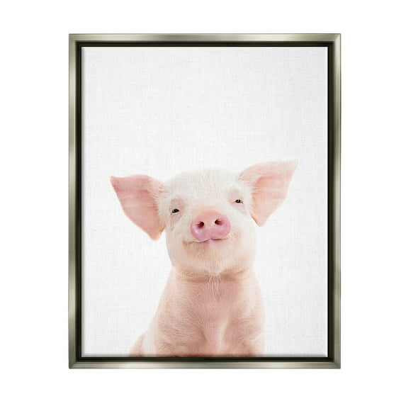 Stupell Industries Smiling Pink Pig Animals & Insects Painting Gray Floater Framed Art Print Wall Art, 25 x 31