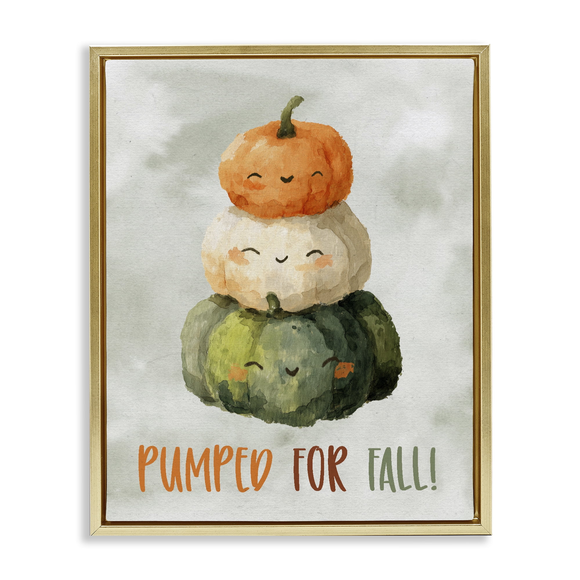 Stupell Industries Smiling Pumpkins Pumped For Fall Gold Framed Floater Canvas Wall Art, design by Ziwei Li