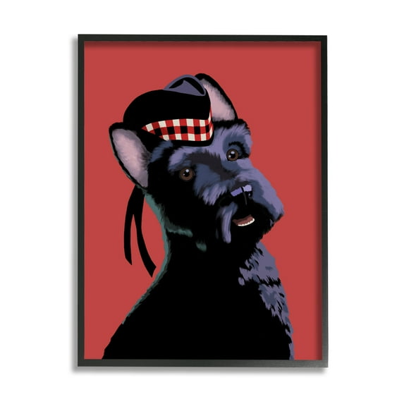 Stupell Industries Smiling Scottish Terrier in Red Plaid Hat Country Painting Black Framed Art Print Wall Art, 16 x 20, Design by Sally Springer Griffith