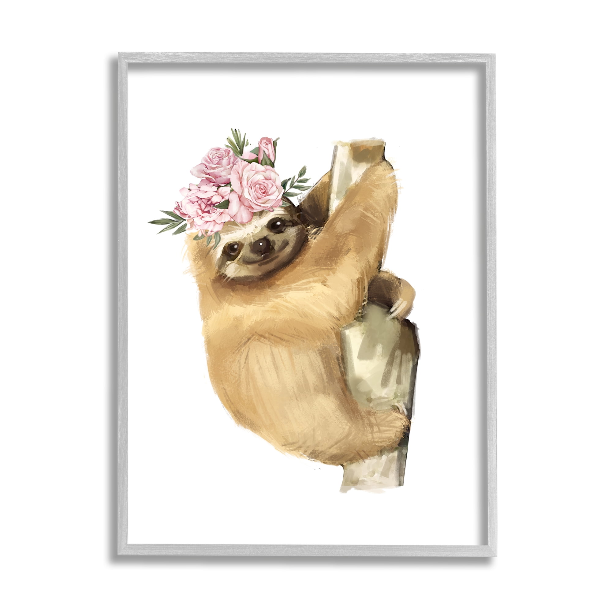Stupell Industries Smiling Sloth Chic Pink Floral Crown Wild Animal Novelty Painting Gray Framed Art Print Wall Art, 16 x 20, Design by Ziwei Li