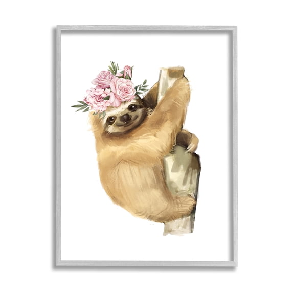 Stupell Industries Smiling Sloth Chic Pink Floral Crown Wild Animal Novelty Painting Gray Framed Art Print Wall Art, 16 x 20, Design by Ziwei Li
