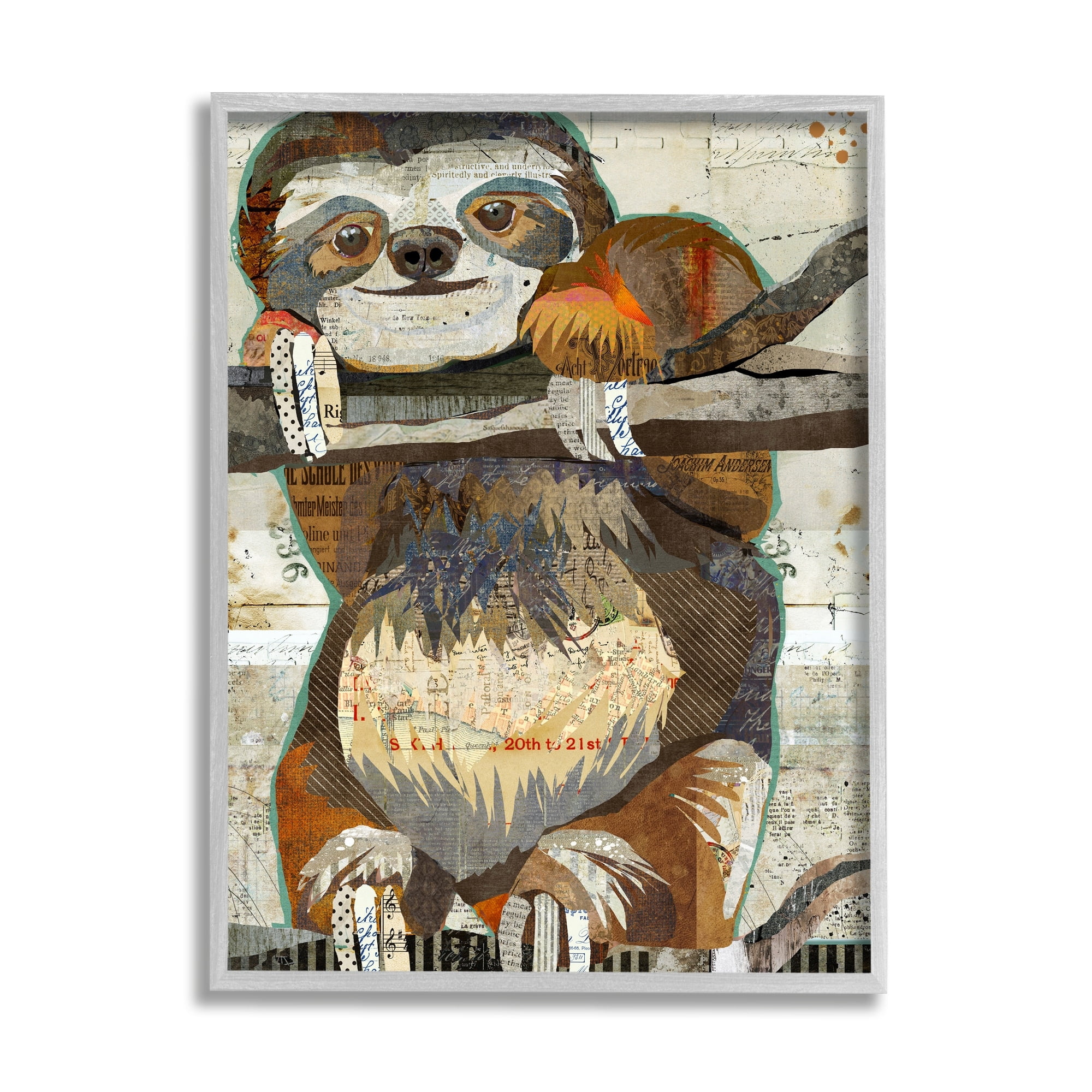 Stupell Industries Smiling Sloth Patchwork Collage Jungle Animal Portrait Graphic Art Gray Framed Art Print Wall Art, Design by Traci Anderson