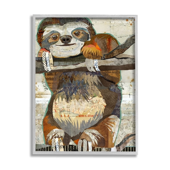 Stupell Industries Smiling Sloth Patchwork Collage Jungle Animal Portrait Graphic Art Gray Framed Art Print Wall Art, Design by Traci Anderson