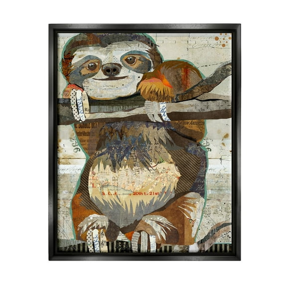 Stupell Industries Smiling Sloth Patchwork Collage Jungle Animal Portrait Graphic Art Jet Black Floating Framed Canvas Print Wall Art, Design by Traci Anderson