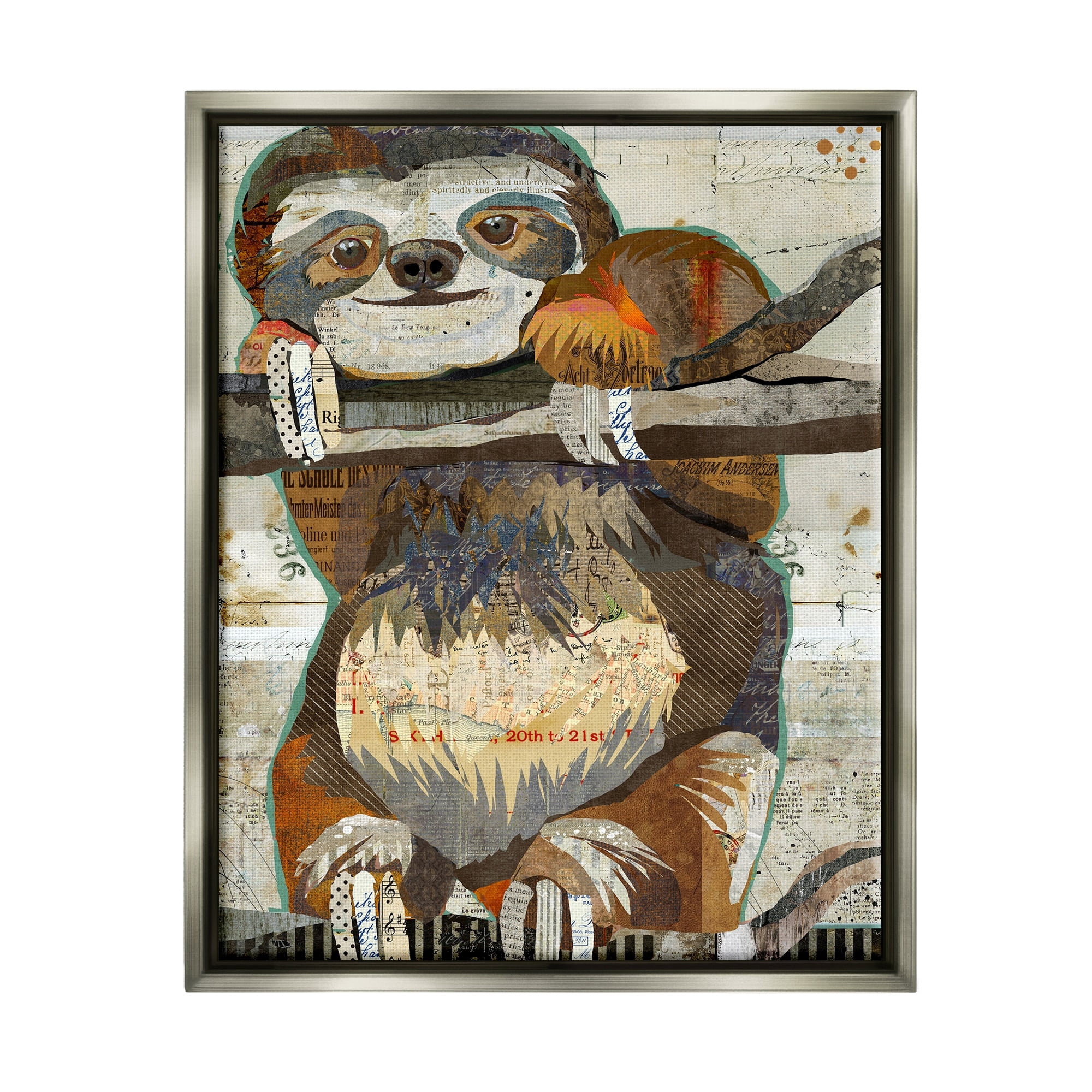 Stupell Industries Smiling Sloth Patchwork Collage Jungle Animal Portrait Graphic Art Luster Gray Floating Framed Canvas Print Wall Art, Design by Traci Anderson