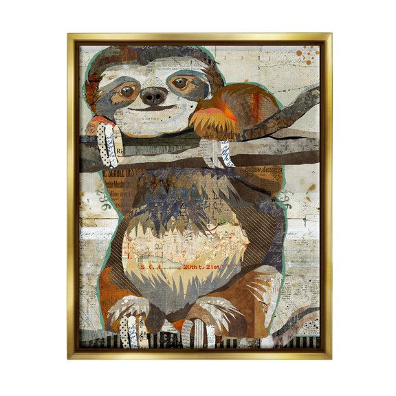 Stupell Industries Smiling Sloth Patchwork Collage Jungle Animal Portrait Graphic Art Metallic Gold Floating Framed Canvas Print Wall Art, Design by Traci Anderson
