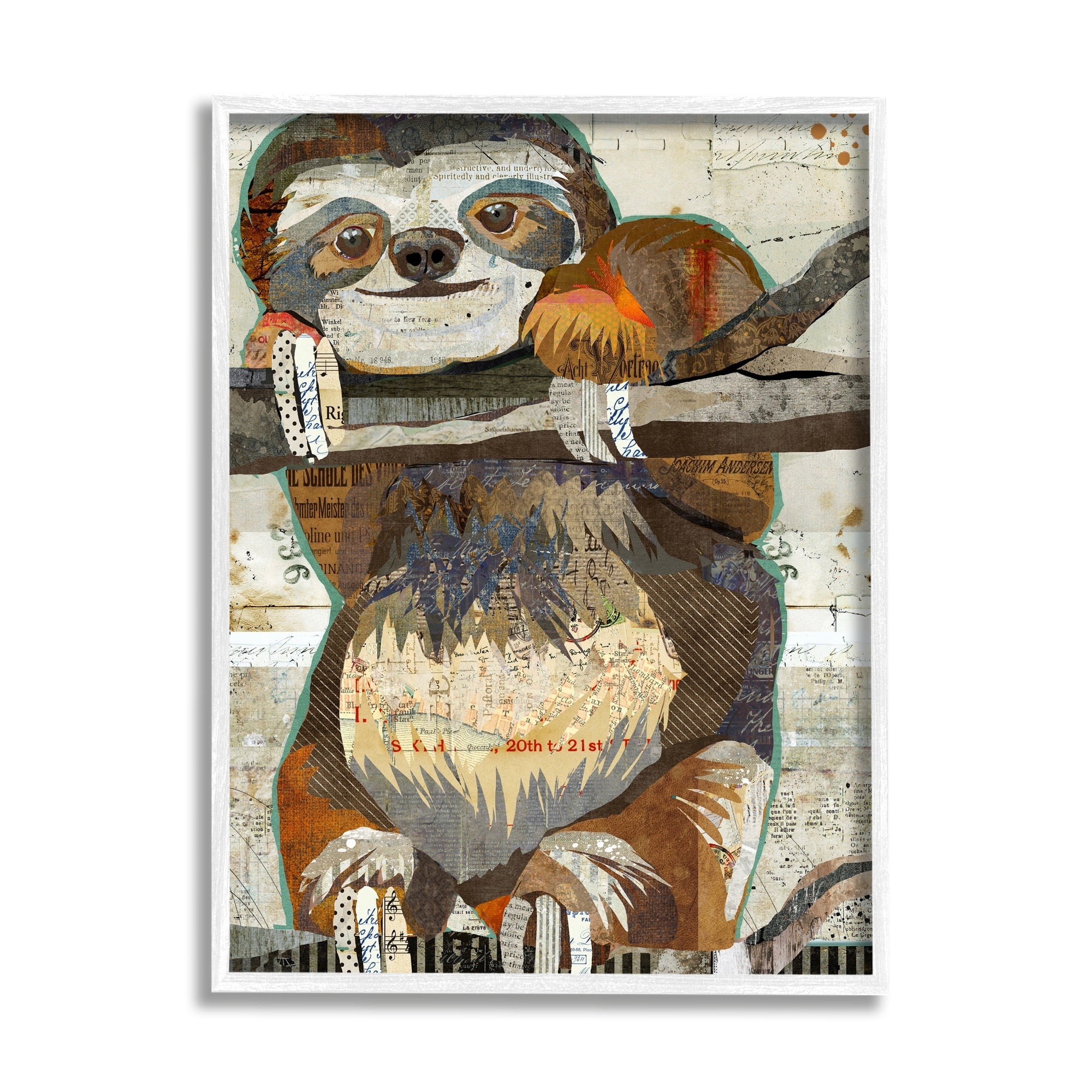 Stupell Industries Smiling Sloth Patchwork Collage Jungle Animal Portrait Graphic Art White Framed Art Print Wall Art, Design by Traci Anderson
