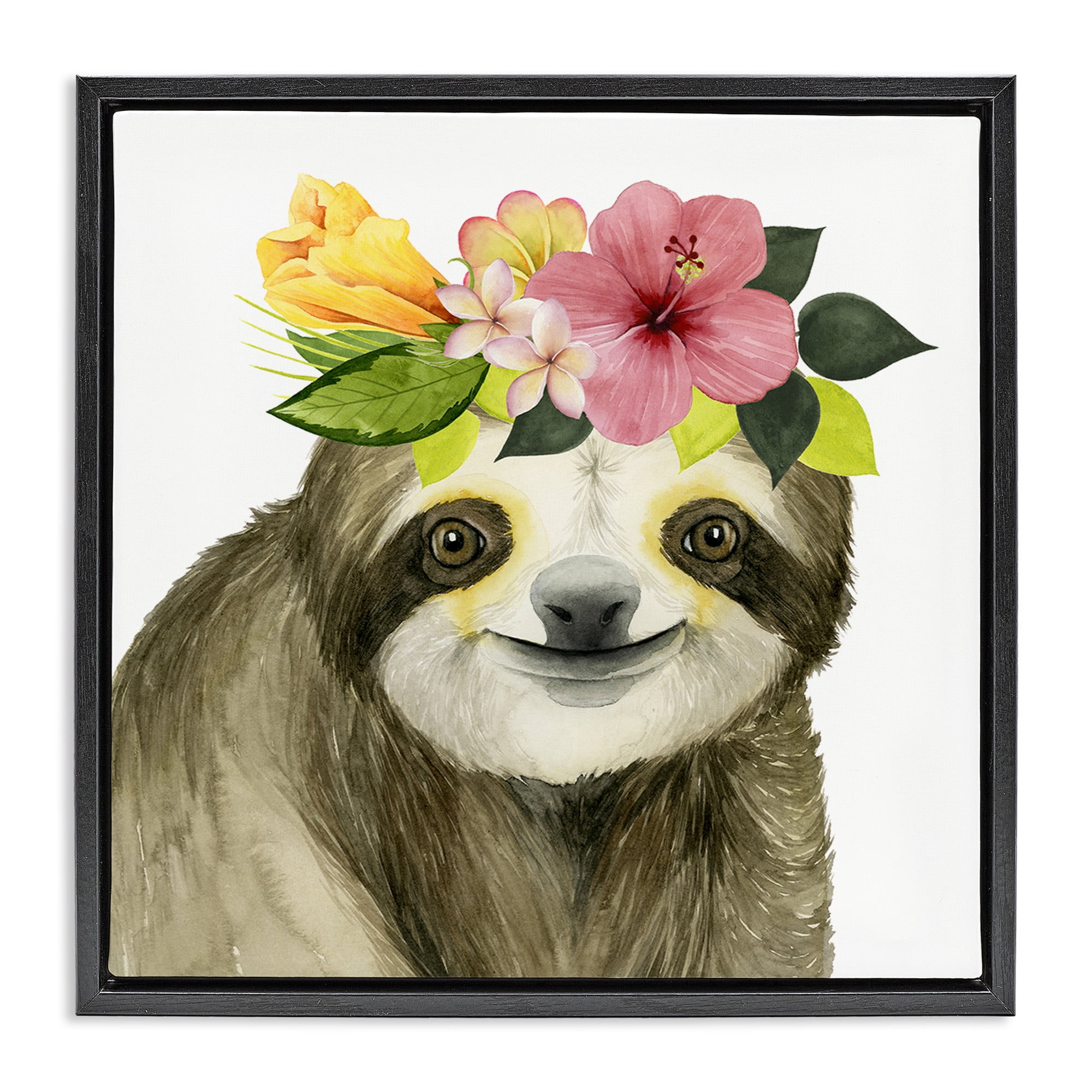 Stupell Industries Smiling Sloth in Flower Crown Animals & Insects Painting Black Floater Framed Canvas Art Print Wall Art, 25 x 25