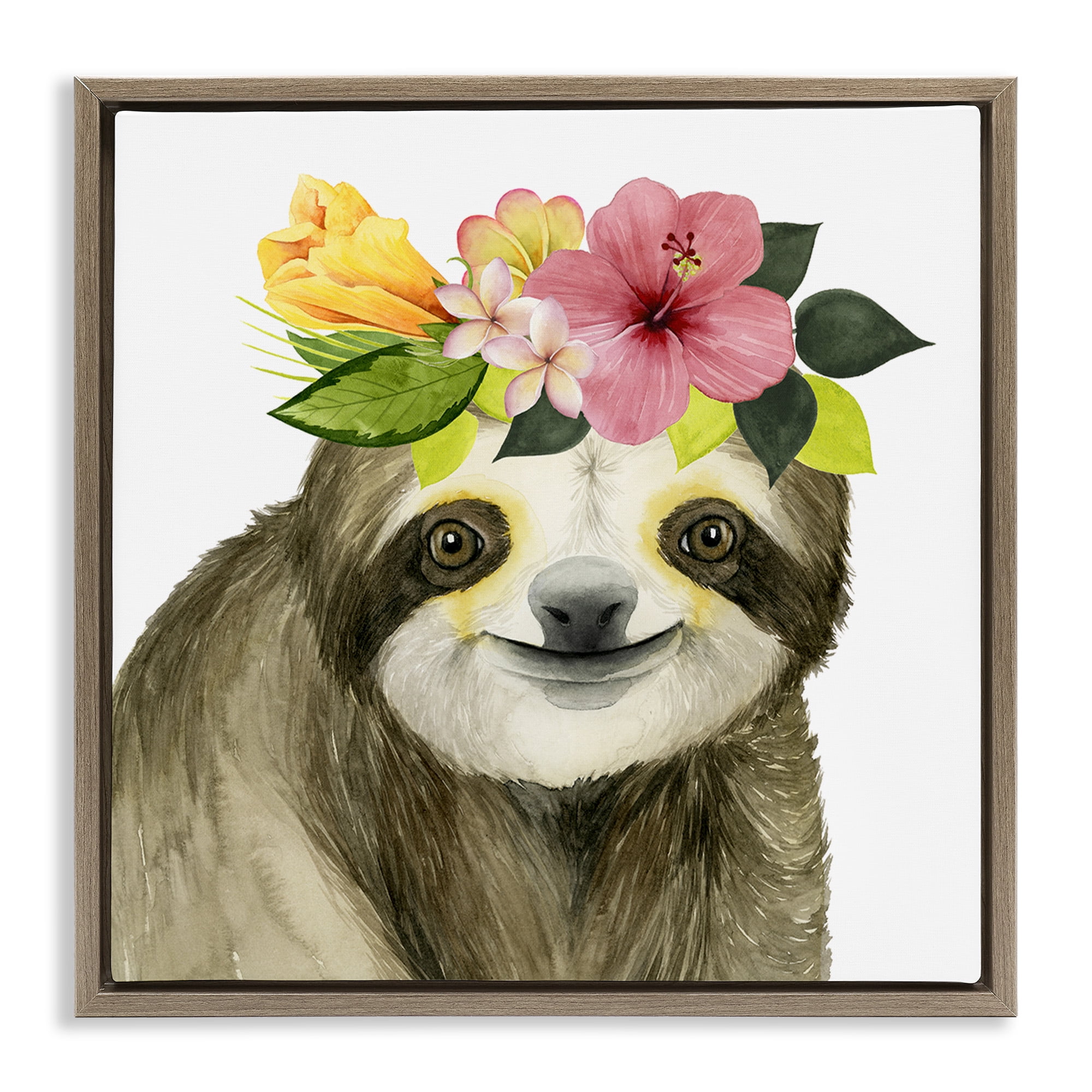 Stupell Industries Smiling Sloth in Flower Crown Animals & Insects Painting Brown Floater Framed Canvas Art Print Wall Art, 18 x 18