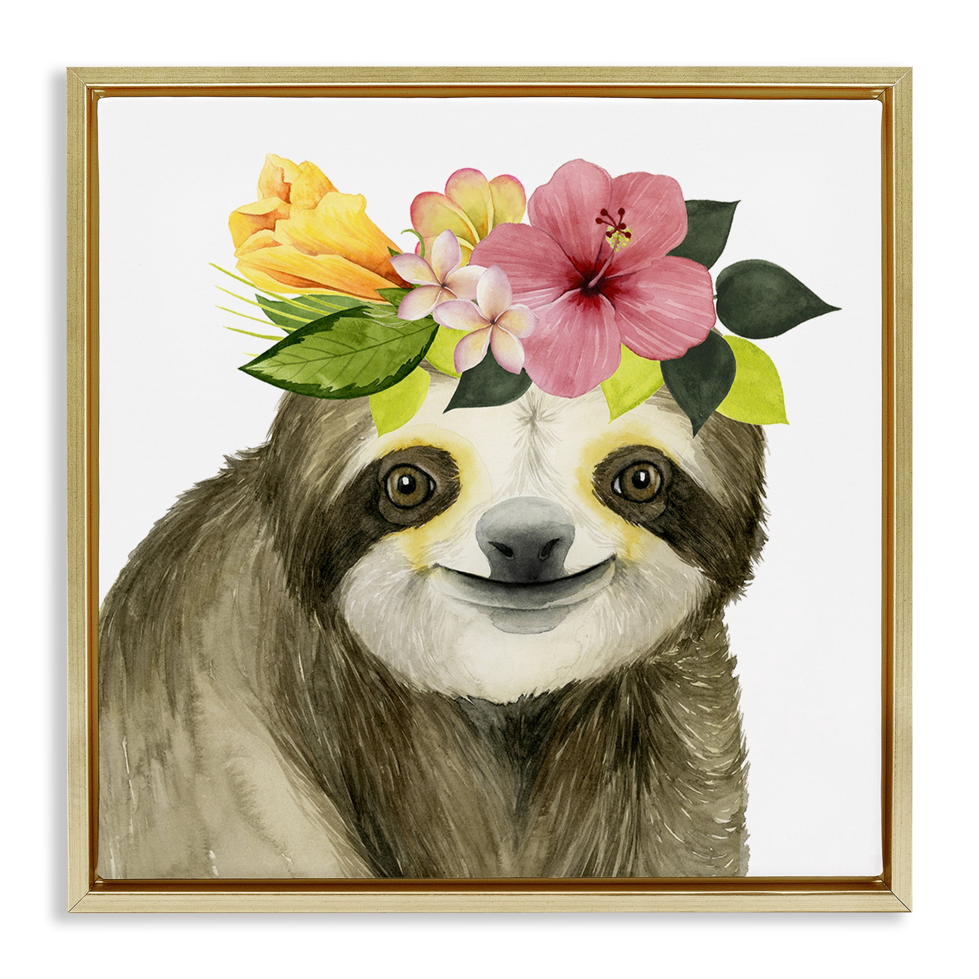 Stupell Industries Smiling Sloth in Flower Crown Animals & Insects Painting Gold Floater Framed Canvas Art Print Wall Art, 25 x 25