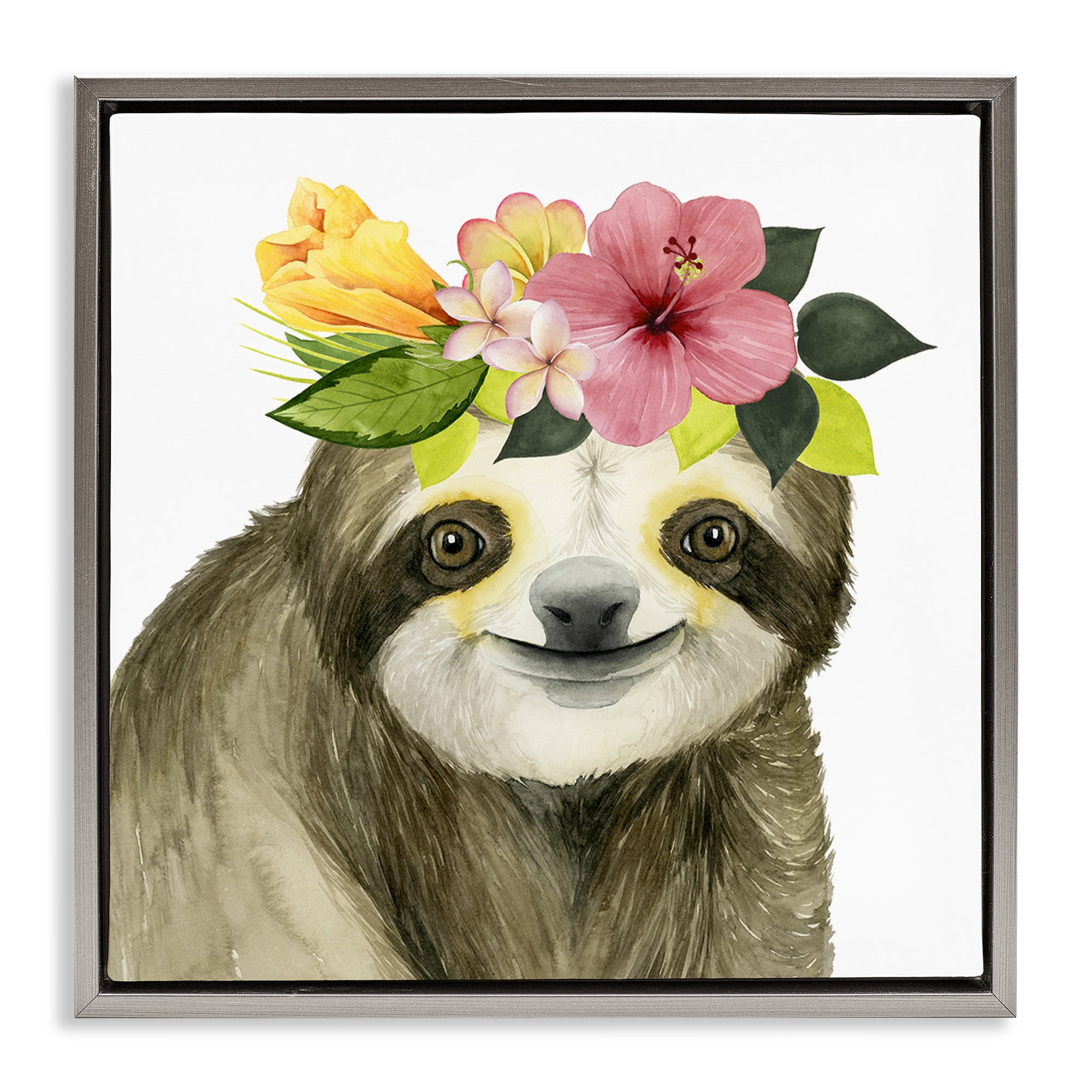 Stupell Industries Smiling Sloth in Flower Crown Animals & Insects Painting Gray Floater Framed Canvas Art Print Wall Art, 25 x 25