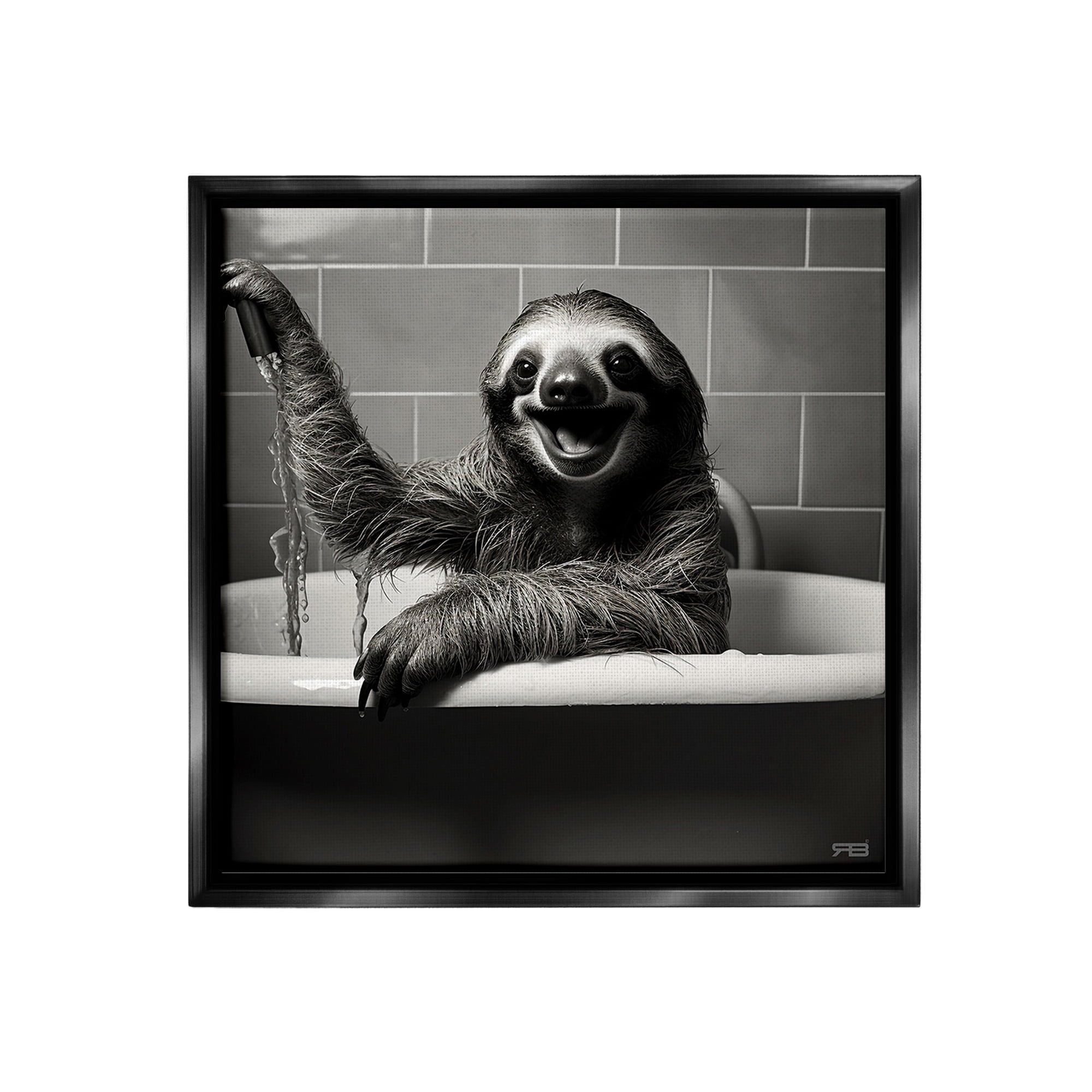 Stupell Industries Smiling Sloth in Tub Animals & Insects Painting Black Floater Framed Canvas Art Print Wall Art, 18 x 18