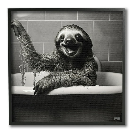 Stupell Industries Smiling Sloth in Tub Animals & Insects Painting Black Framed Art Print Wall Art, 12 x 12