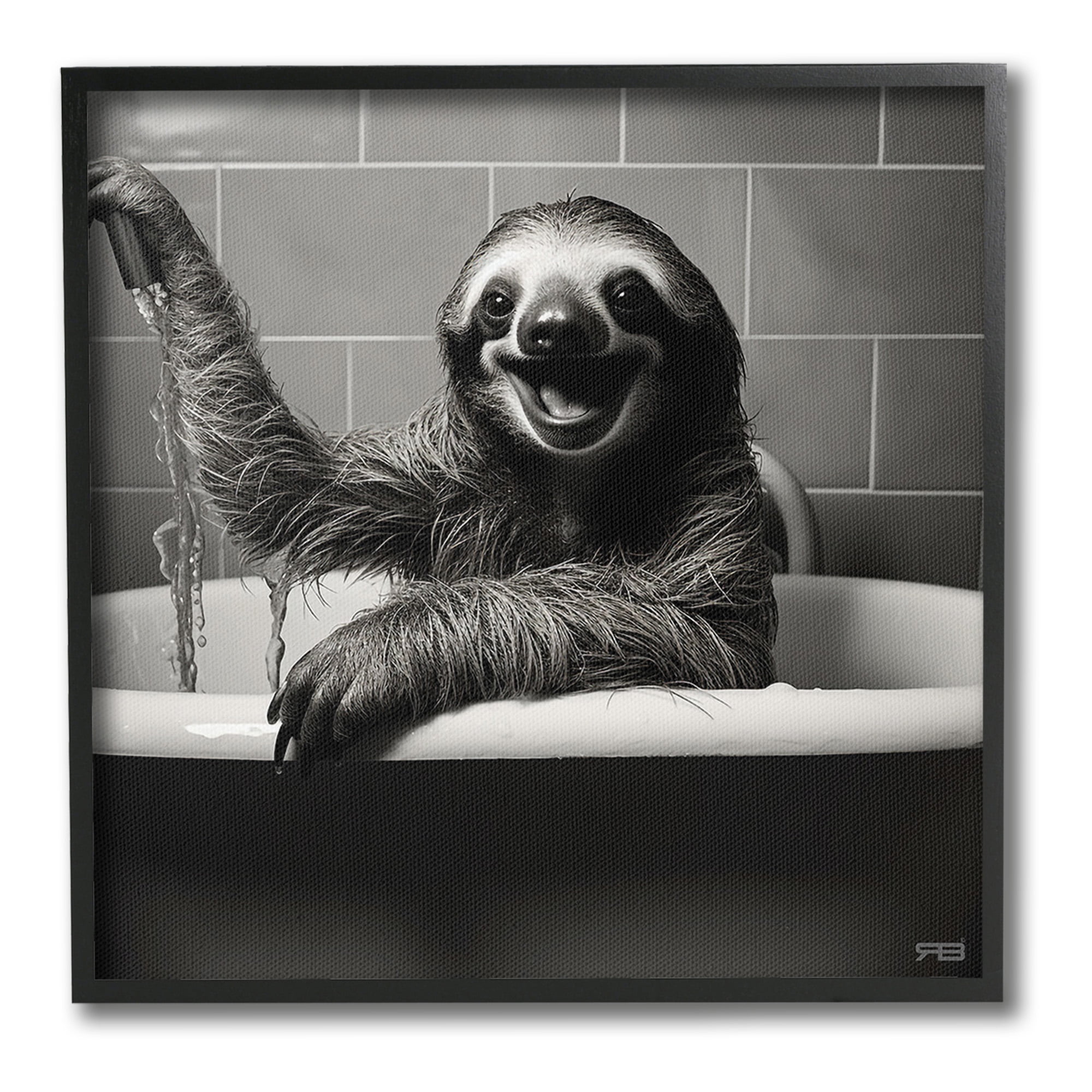 Stupell Industries Smiling Sloth in Tub Animals & Insects Painting Black Framed Art Print Wall Art, 24 x 24