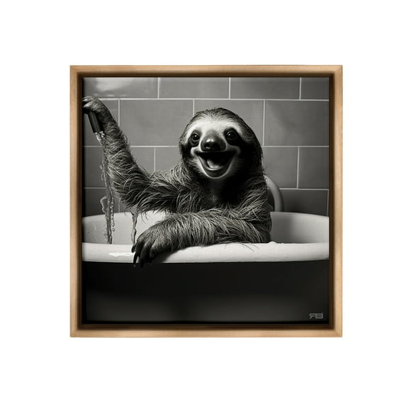 Stupell Industries Smiling Sloth in Tub Animals & Insects Painting Brown Floater Framed Canvas Art Print Wall Art, 18 x 18