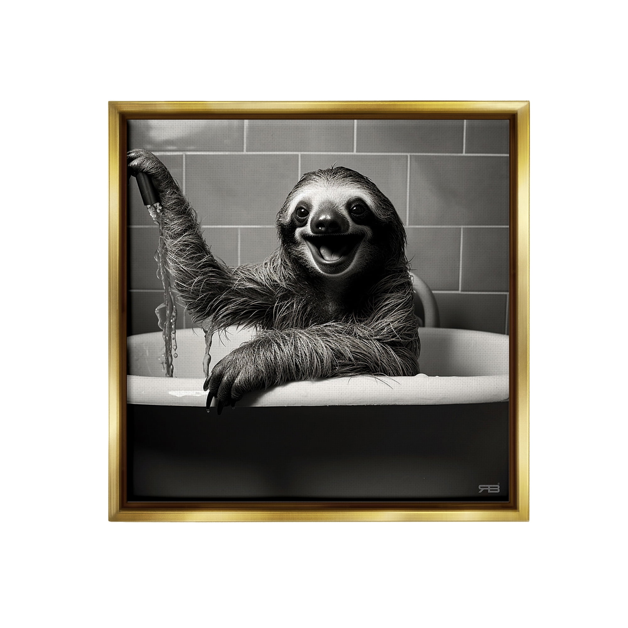 Stupell Industries Smiling Sloth in Tub Animals & Insects Painting Gold Floater Framed Canvas Art Print Wall Art, 25 x 25