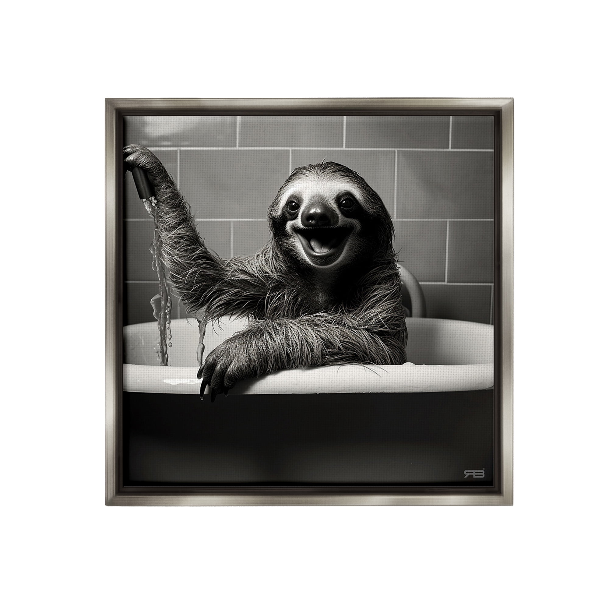 Stupell Industries Smiling Sloth in Tub Animals & Insects Painting Gray Floater Framed Canvas Art Print Wall Art, 25 x 25