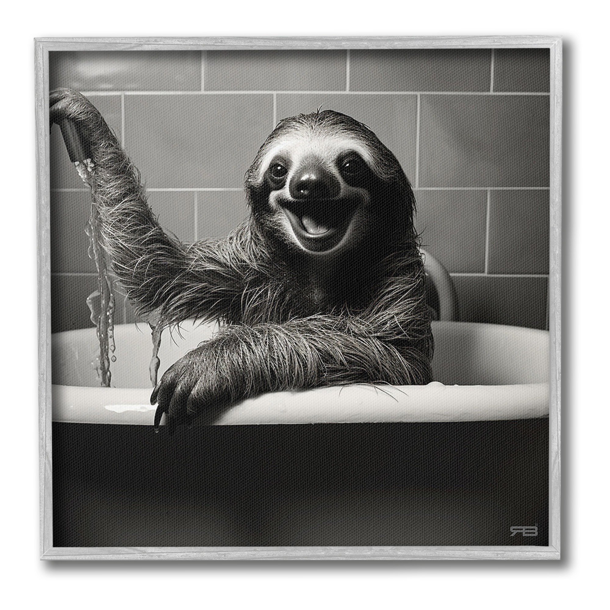 Stupell Industries Smiling Sloth in Tub Animals & Insects Painting Gray Framed Art Print Wall Art, 12 x 12