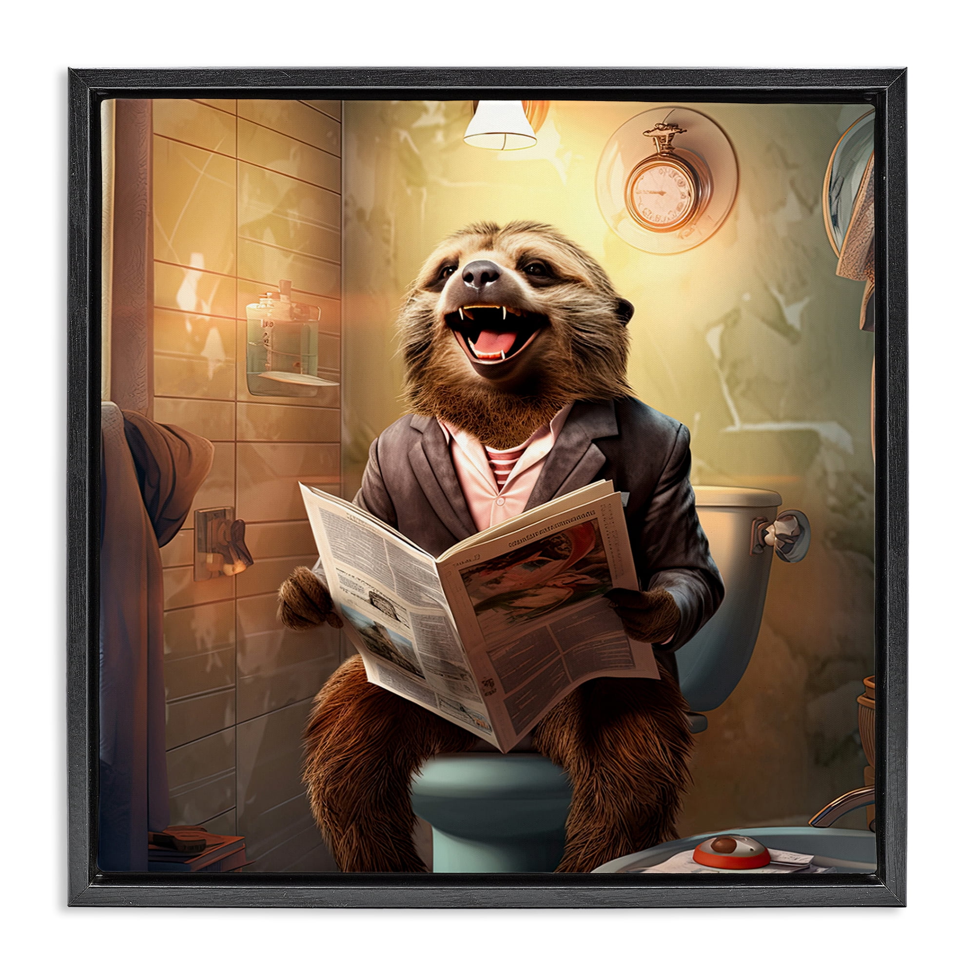 Stupell Industries Smiling Sloth on Toilet Typography Painting Black Floater Framed Canvas Art Print Wall Art, 18 x 18