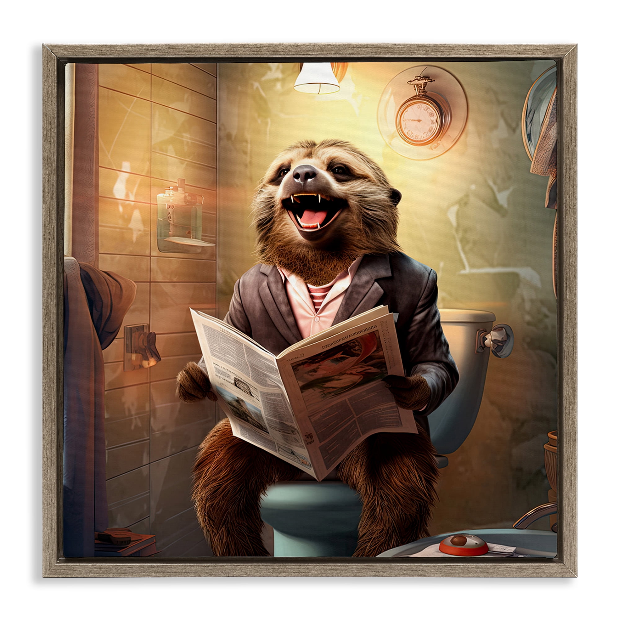 Stupell Industries Smiling Sloth on Toilet Typography Painting Brown Floater Framed Canvas Art Print Wall Art, 18 x 18
