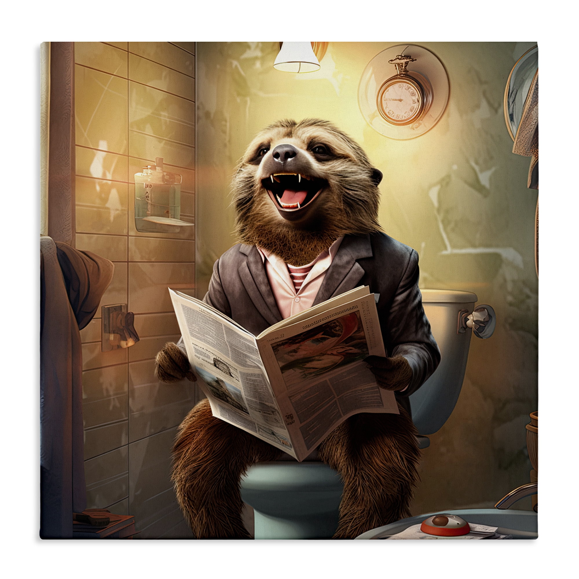 Stupell Industries Smiling Sloth on Toilet Typography Painting Gallery Wrapped Canvas Art Print Wall Art, 24 x 24