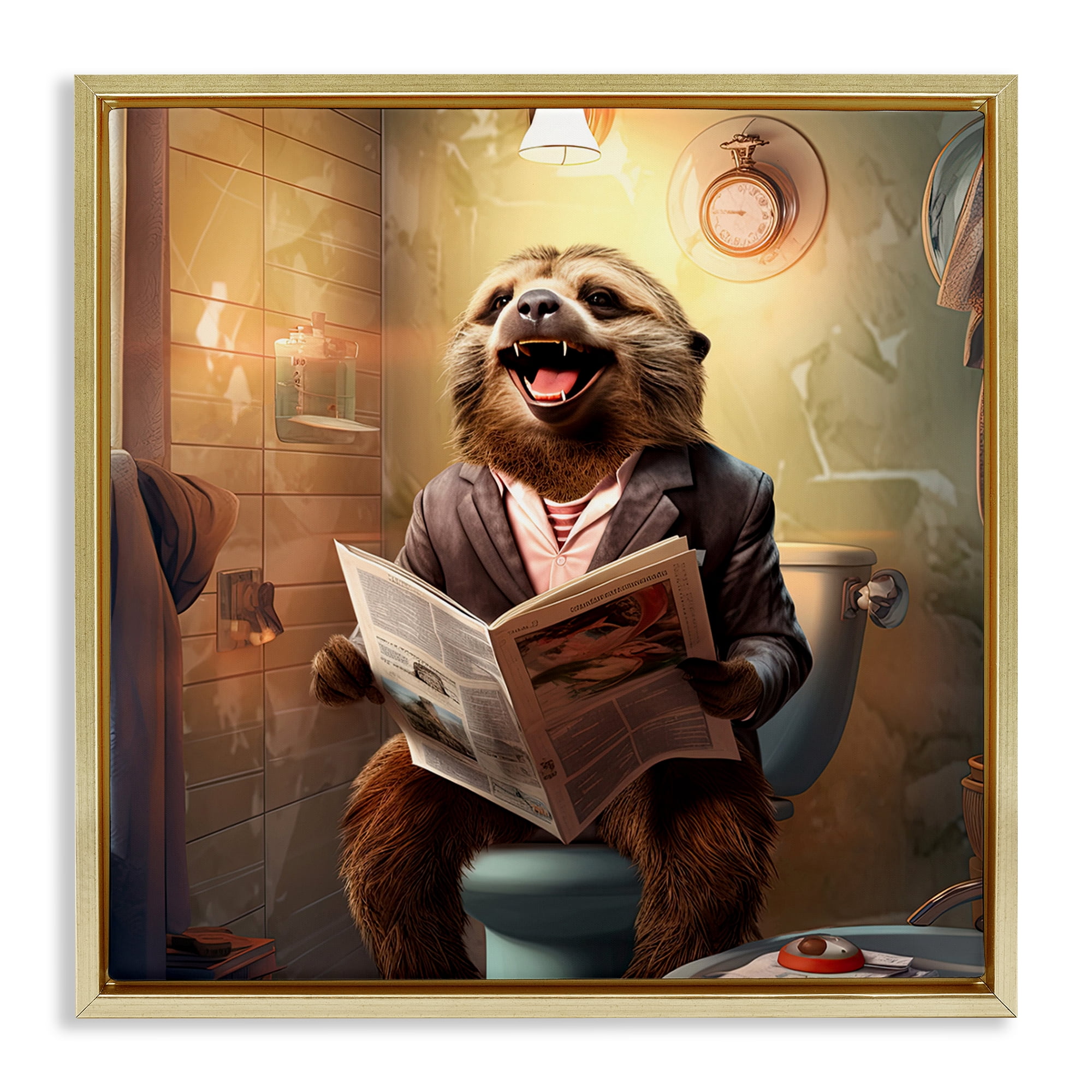 Stupell Industries Smiling Sloth on Toilet Typography Painting Gold Floater Framed Canvas Art Print Wall Art, 18 x 18