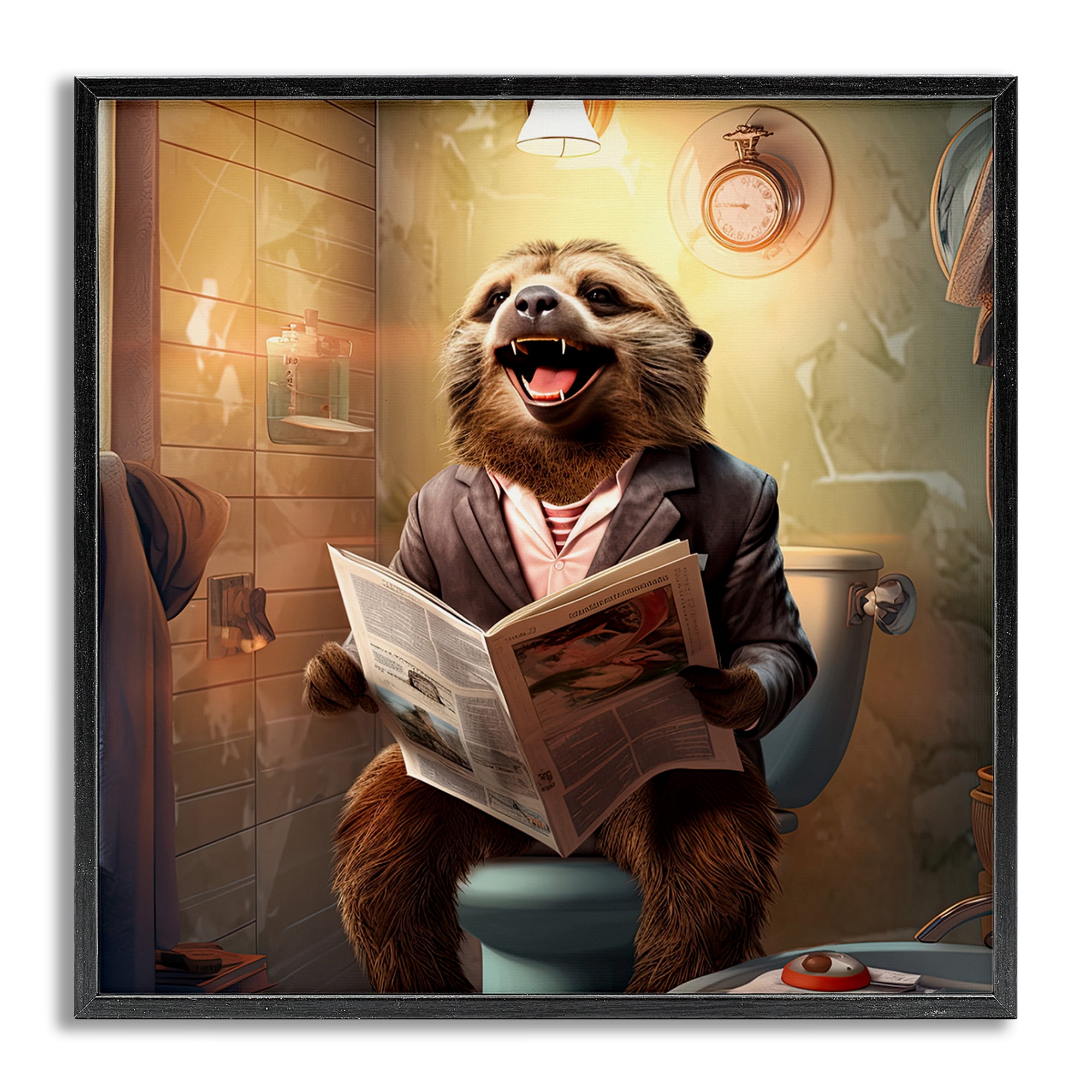 Stupell Industries Smiling Sloth on Toilet Typography Painting Gray Framed Art Print Wall Art, 12 x 12