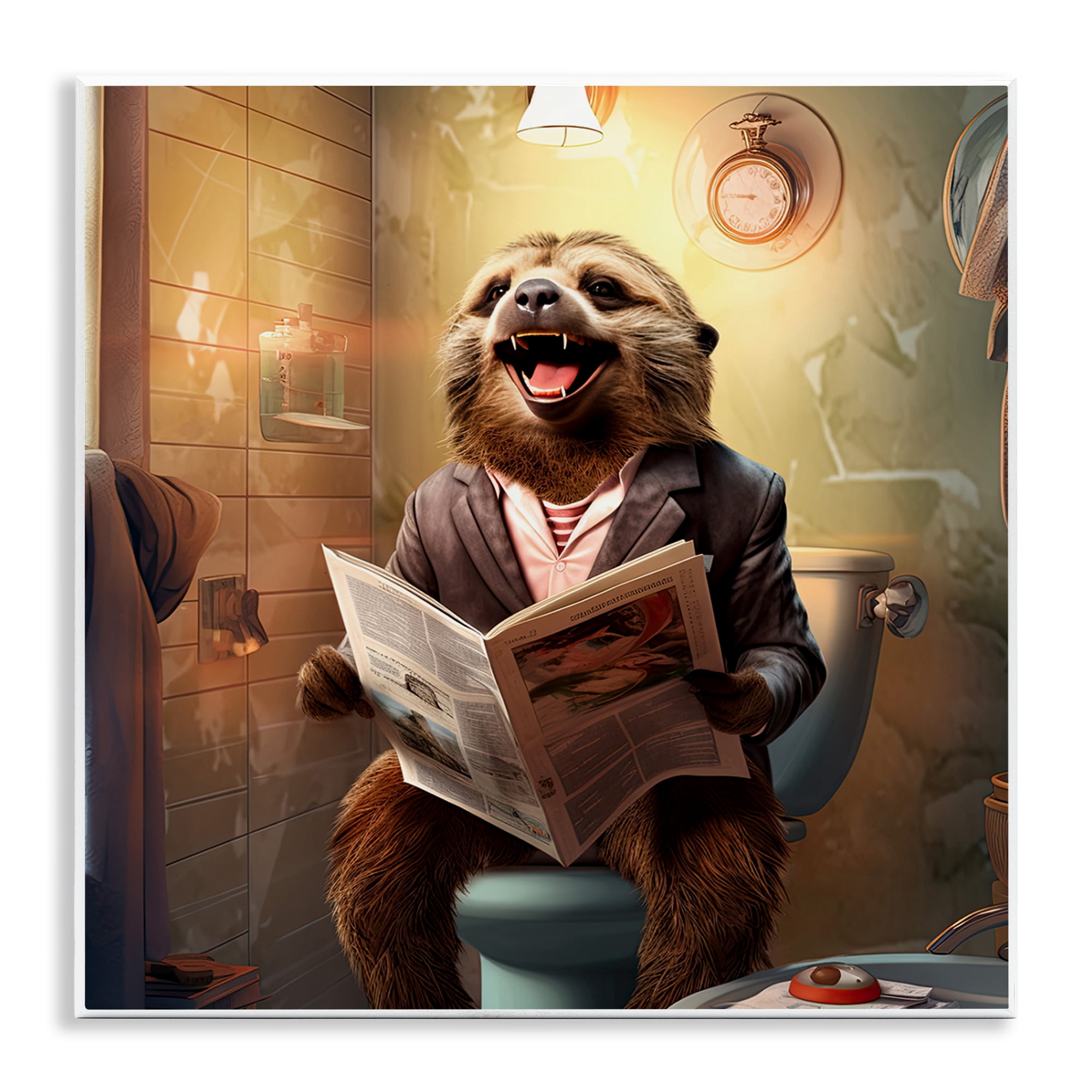 Stupell Industries Smiling Sloth on Toilet Typography Painting Unframed Art Print Wall Art, 12 x 12