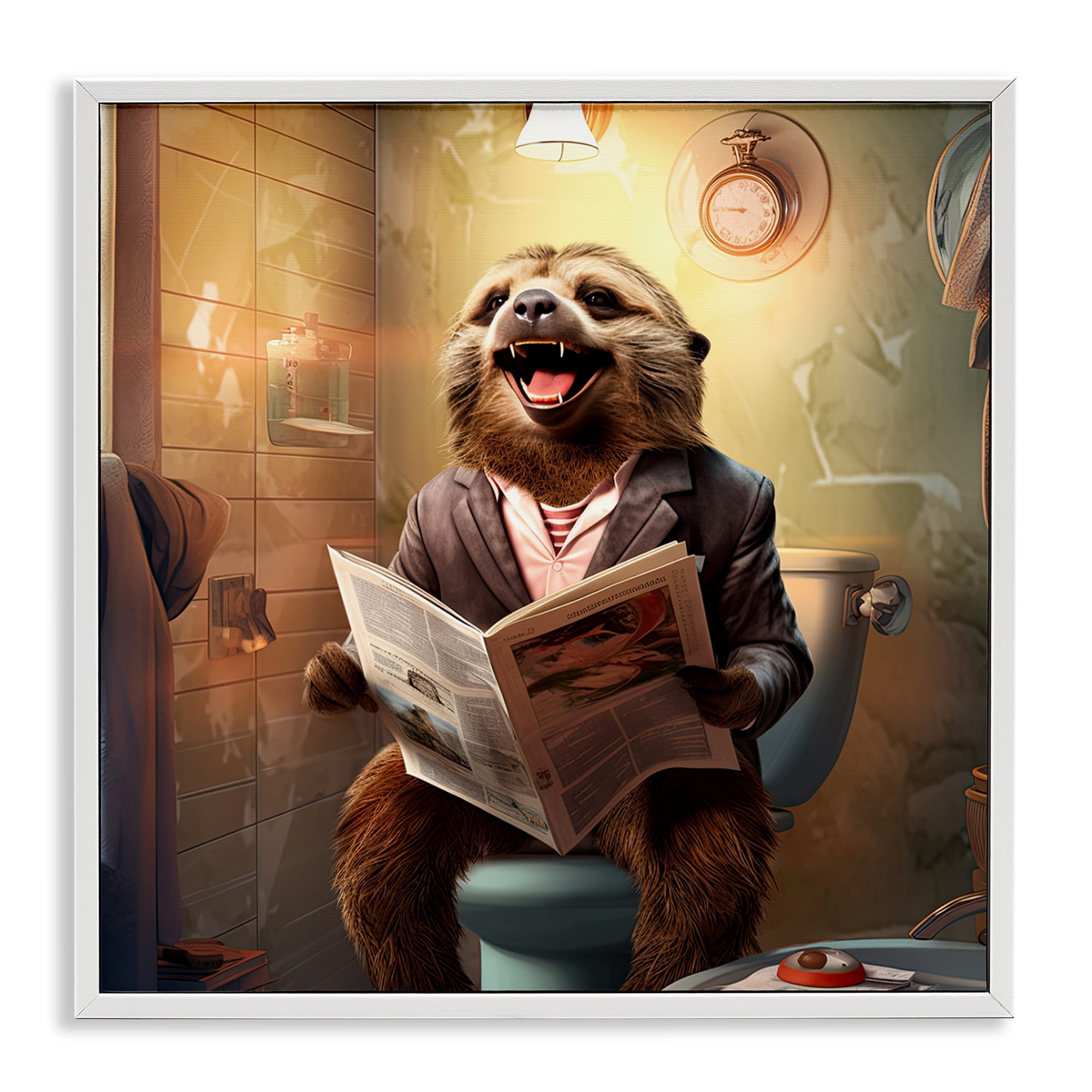 Stupell Industries Smiling Sloth on Toilet Typography Painting White Framed Art Print Wall Art, 17 x 17