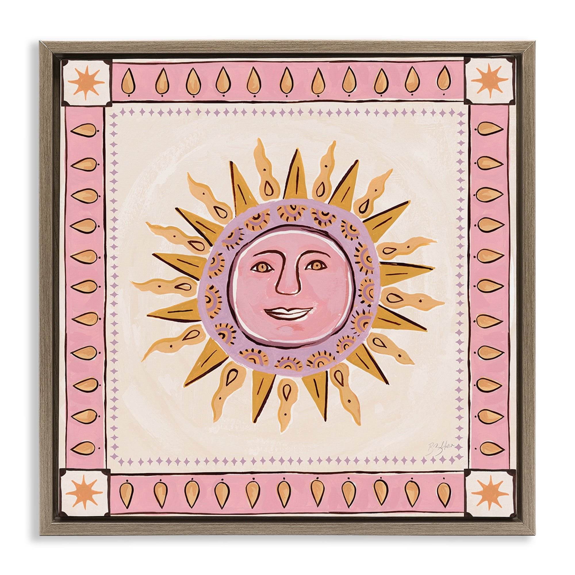 Stupell Industries Smiling Sun with Pink Border Brown Framed Floater Canvas Wall Art, design by Two If By Sea Studios