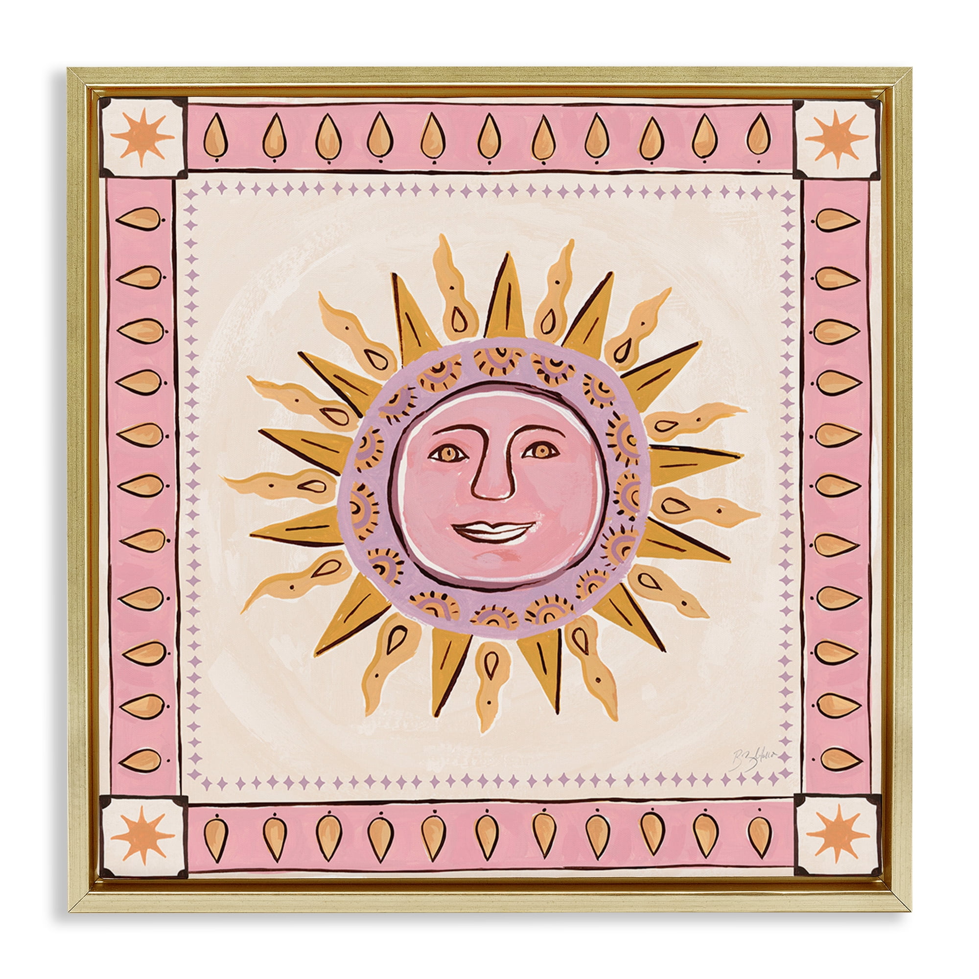Stupell Industries Smiling Sun with Pink Border Gold Framed Floater Canvas Wall Art, design by Two If By Sea Studios