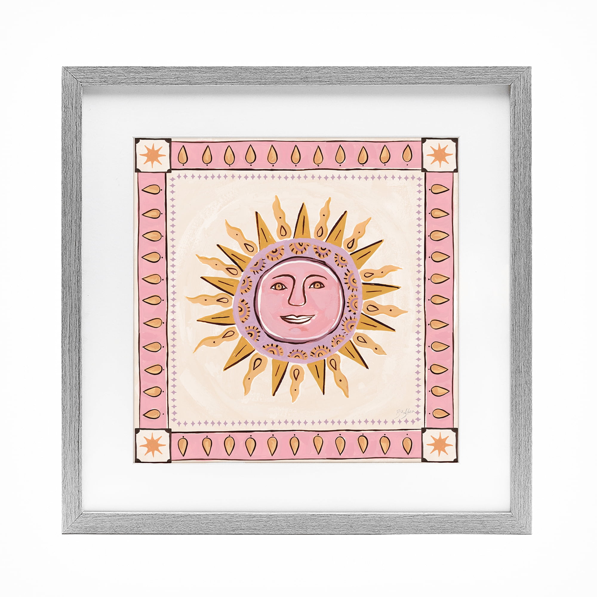 Stupell Industries Smiling Sun with Pink Border Gray Framed Print Under Glass, design by Two If By Sea Studios