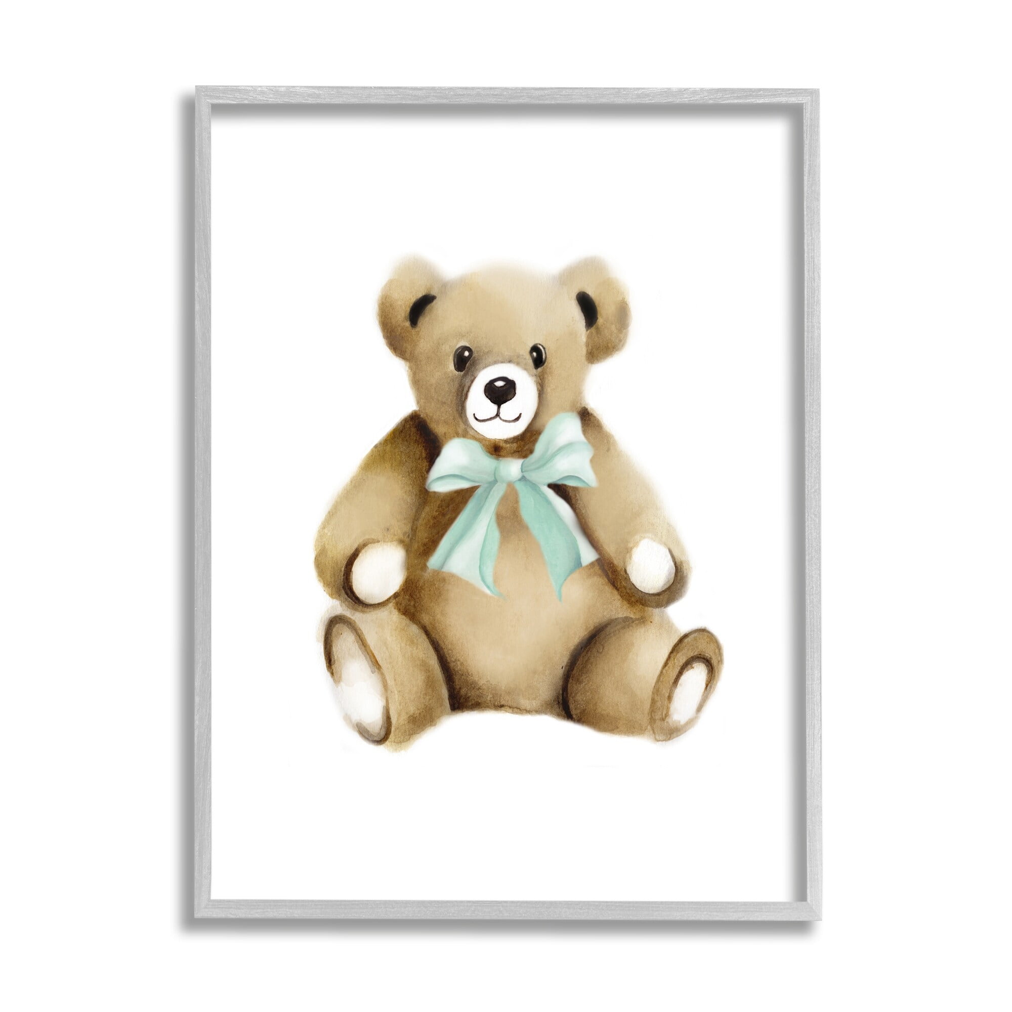 Stupell Industries Smiling Teddy Bear Bow Stuffed Animal Sitting Graphic Art Gray Framed Art Print Wall Art, Design by Studio Q