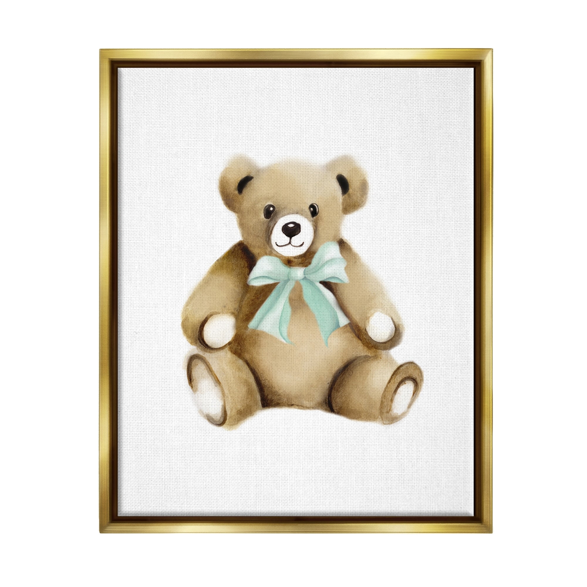 Stupell Industries Smiling Teddy Bear Bow Stuffed Animal Sitting Graphic Art Metallic Gold Floating Framed Canvas Print Wall Art, Design by Studio Q