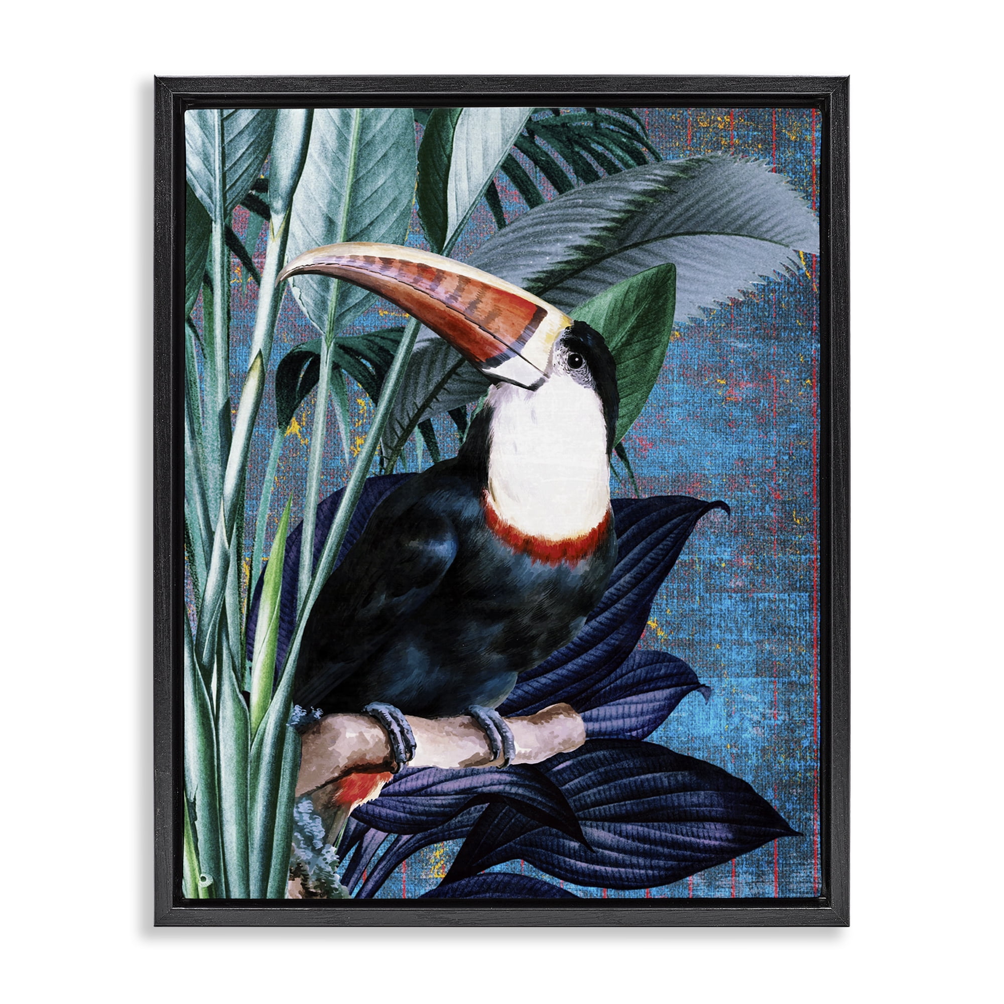 Stupell Industries Smiling Toucan on Branch Animals Painting Black Floater Framed Canvas Art Print Wall Art, 17 x 21