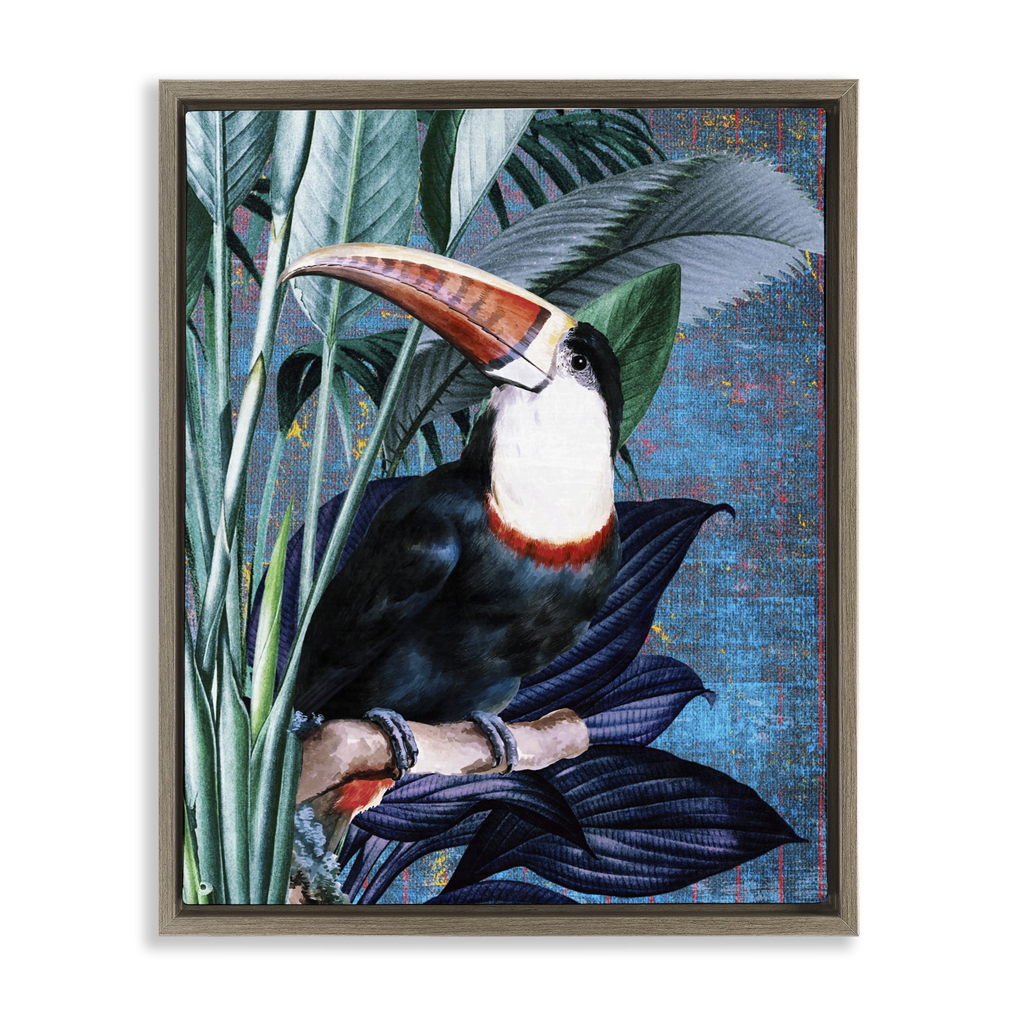 Stupell Industries Smiling Toucan on Branch Animals Painting Brown Floater Framed Canvas Art Print Wall Art, 17 x 21