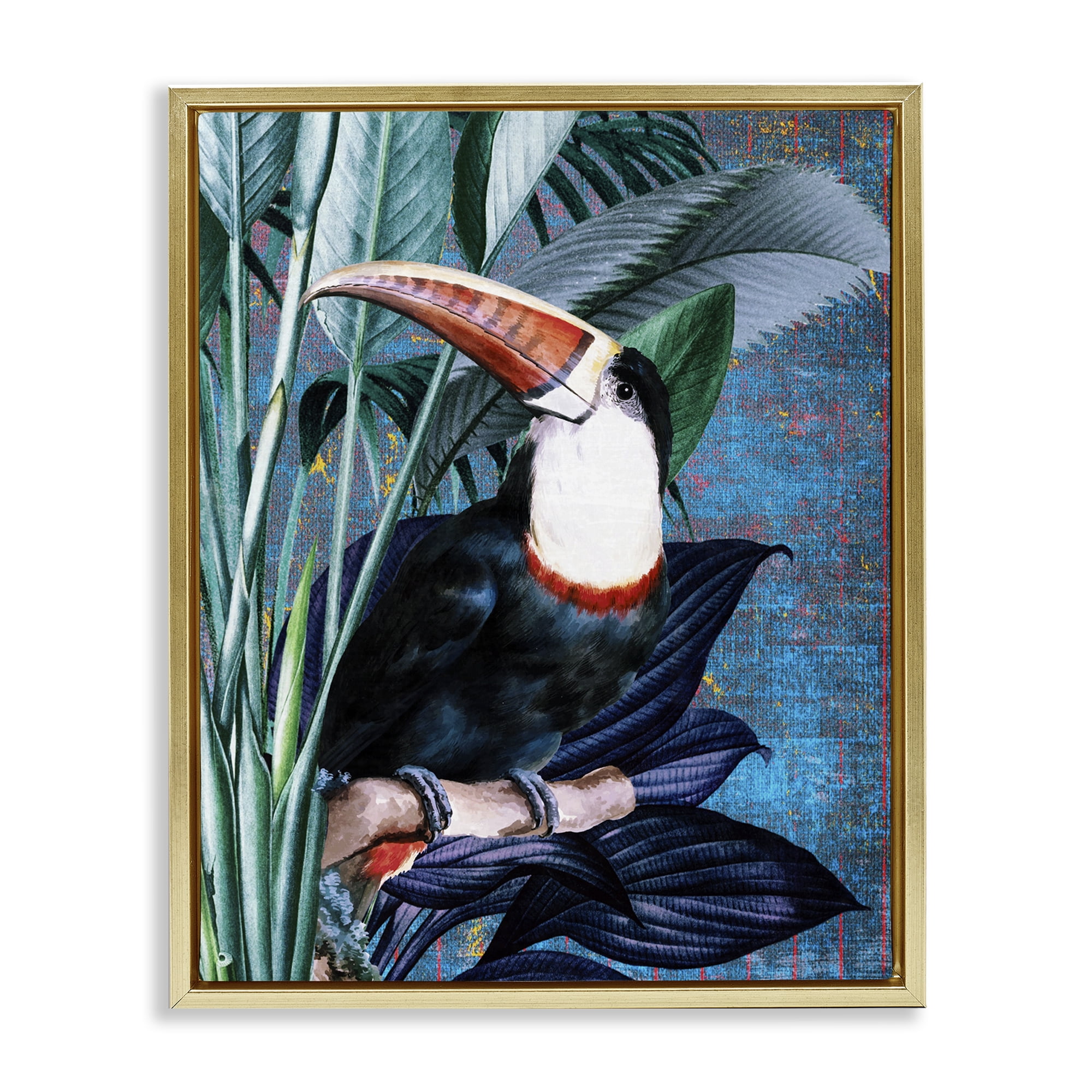 Stupell Industries Smiling Toucan on Branch Animals Painting Gold Floater Framed Canvas Art Print Wall Art, 17 x 21